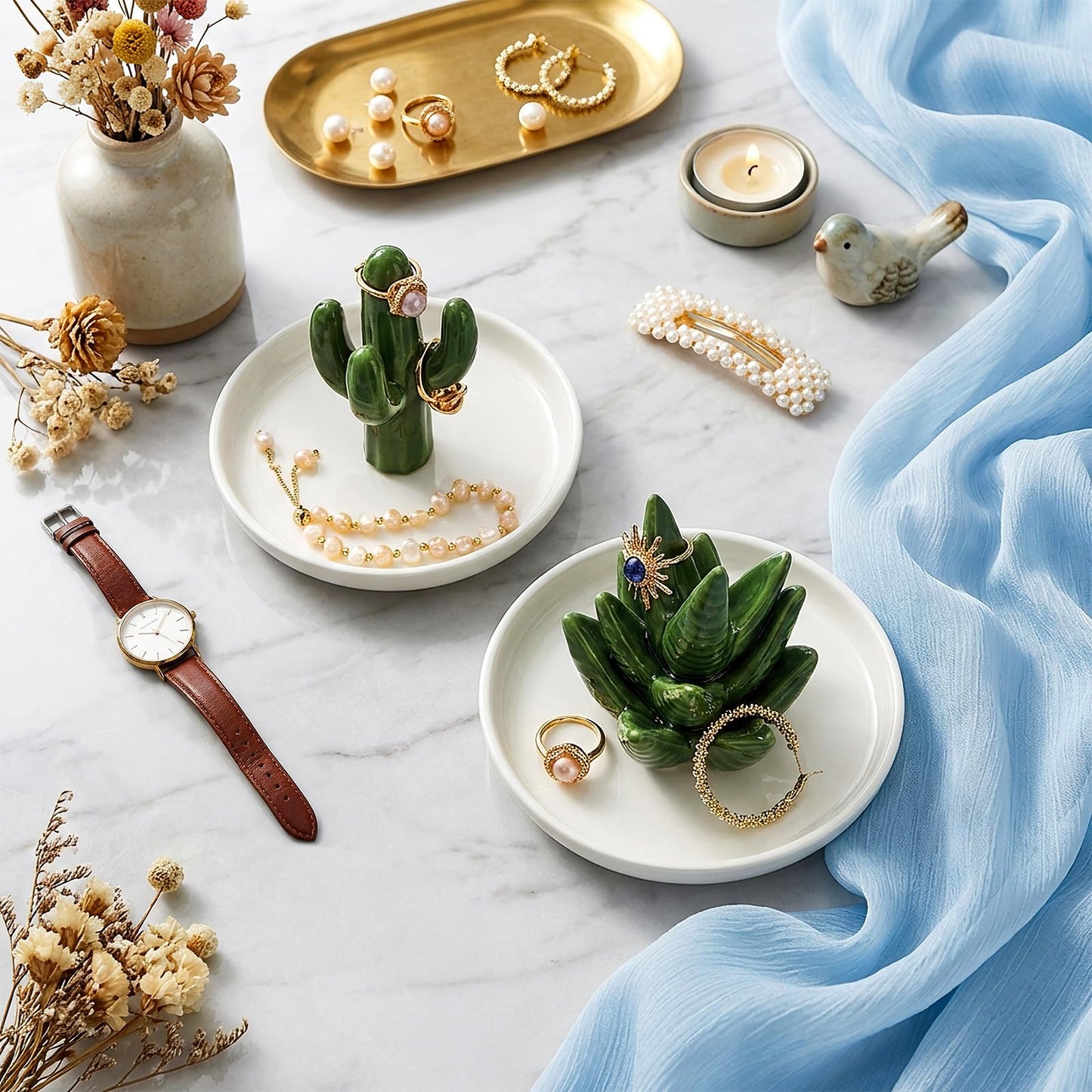 Elsjoy Set of 2 Aloe and Cactus Ring Holder Dish, Ceramic Plant Jewelry Dish Bracelet Earrings Necklace Organizer Tray, Decorative Succulent Trinket Dish for Wedding, Birthday Gifts, Home Decor