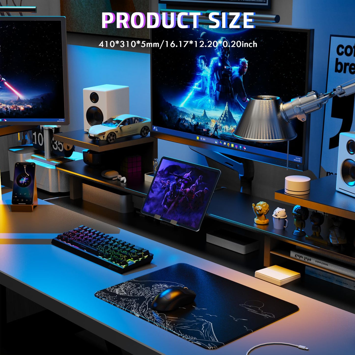 ATTACK SHARK CM05SE Glass Gaming Mouse Pad, 16.14x12.20x0.2in Mouse Mat, Non Slip 9H Hard Mousepads, Nano-Textured Glass Surface with Improved Precision and Speed for FPS Players-Black Wave