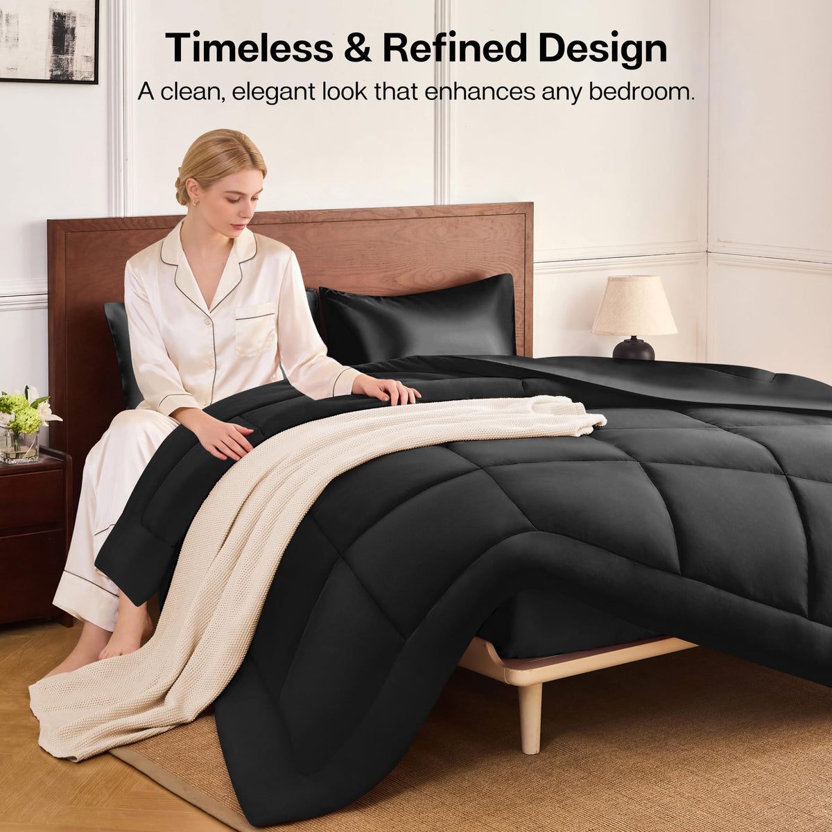 MR&HM Queen Comforter Set Black, Reversible Satin Microfiber Comforter Set for All Seasons, 3 Pieces Non-Slip Silky Soft Bedding Sets with 1 Comforter (90"x90") and 2 Pillowcases (20"x26")