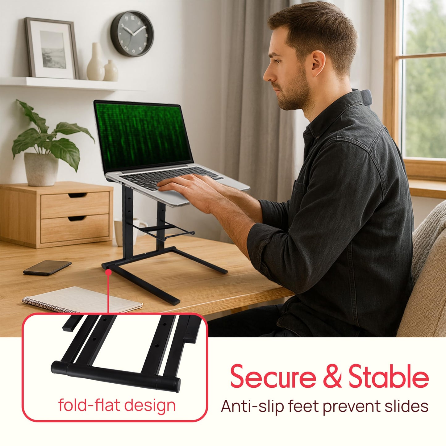 PYLE Laptop DJ Stand- Sturdy & Light Weight Standing Table w/ Foldable Height, & Secondary Accessory Tray, Securely Holds- DJ Mixer, Laptops, iPad, Tablet- Workstation, Gaming & Home Use- Includes Bag