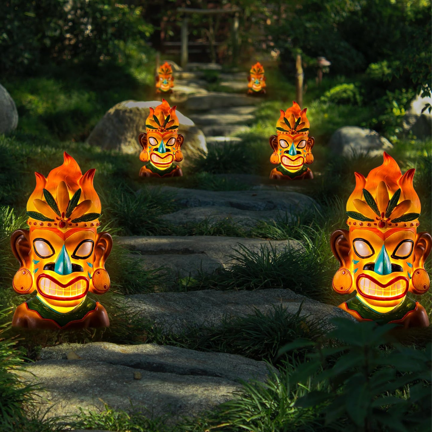 WINTS Solar Tiki Statue,Outdoor Tiki Statue with Solar Light,Flickering Flame Tiki Decor for Bar Yard Garden Patio Decoration -10 x 6 x 4.1 Inches