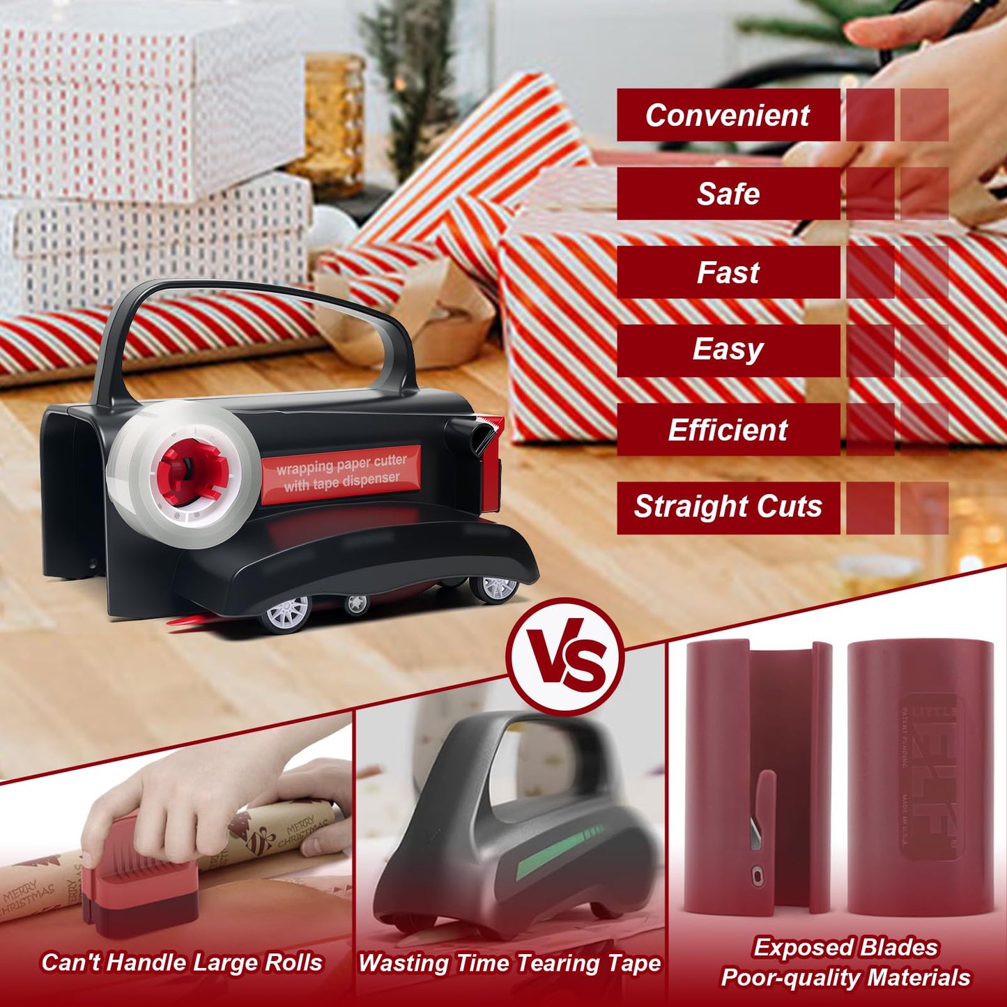 (2-Pack) Wheel Wrapping Paper Cutter & Tape Dispenser Dual Use-4 Tapes,2 Replace Blades-Christmas Gift Wrap Tool, Paper Roll Slicer,Sliding Straight Cut for Birthday Gift Wrap Cutter-Efficient Packag