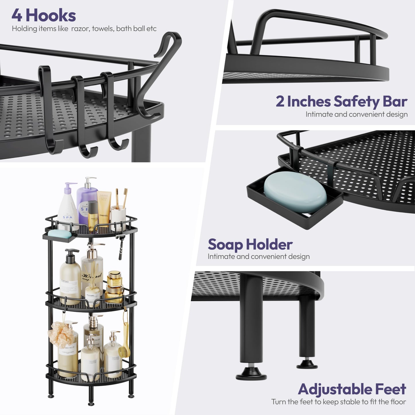 SWTYMIKI Shower Caddy Corner - 3 Tier Rustproof Bathroom Corner Shelf Standing Shower Organizer Rack Corner Shelf with Soap Holder for Inside Bathroom, Bathtub, Showers Pan, Black