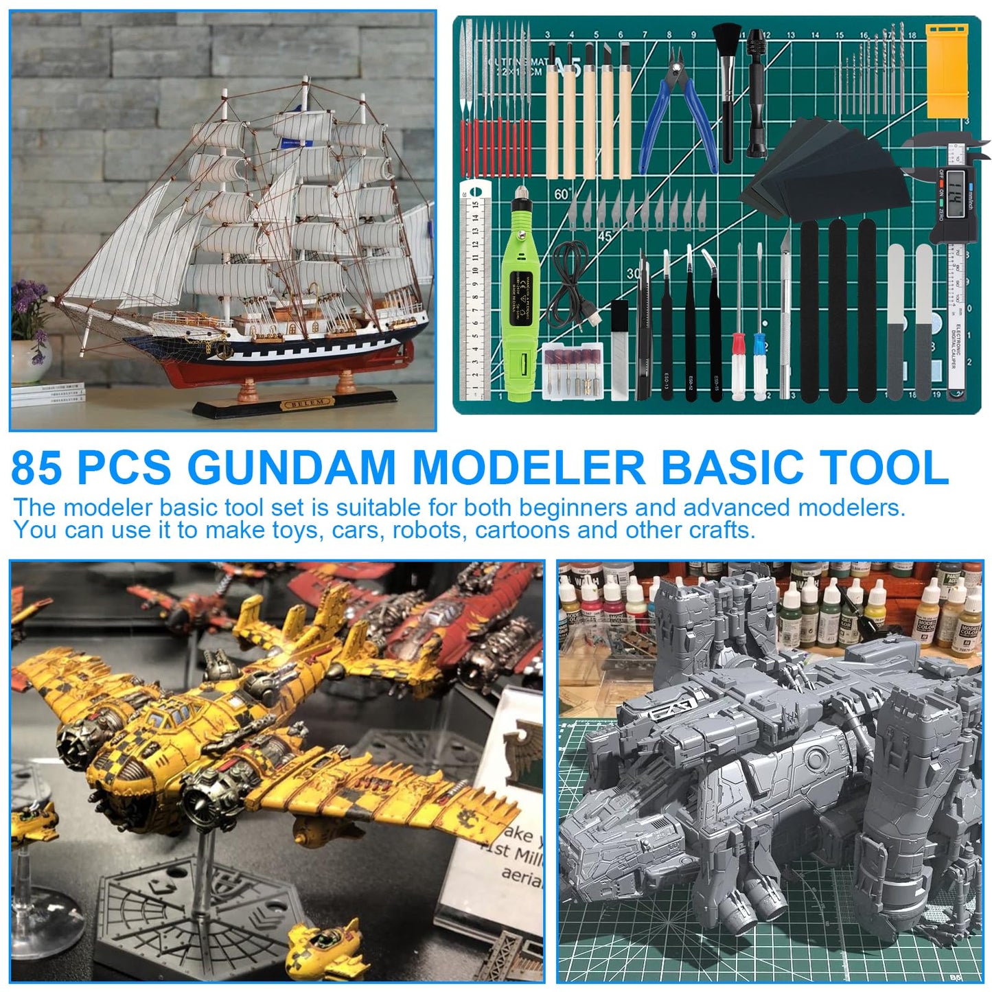 85Pcs Modeler Basic Tools Craft Set, Gundam Modeler Tool Set, Professional Hobby Model Tool Kit, Hobby Building Tools Kit with Tool Case Perfect for Gundam Car Model Building Repairing and Fixing