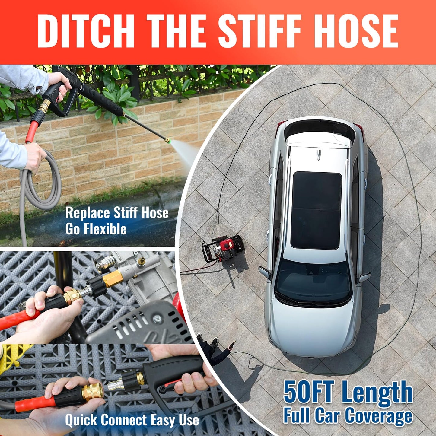 YAMATIC Super Flexible Pressure Washer Hose 50 FT X 1/4" 3200 PSI, Kink Resistant, Heavy Duty Power Washer Replacement Hose with M22-14mm x 3/8" Quick Connect