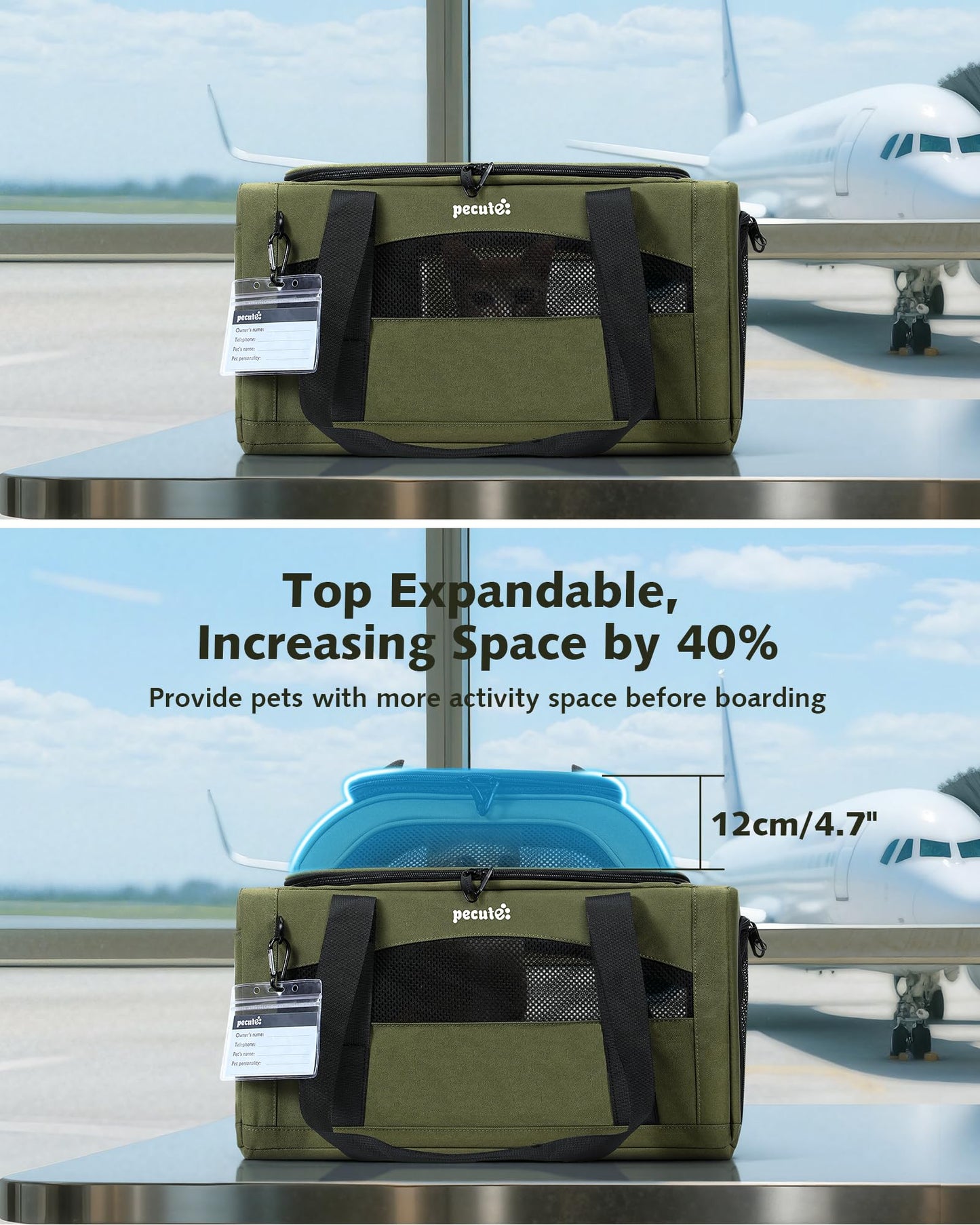 Pecute Top-Expandable Cat Carrier Airline Approved(42 * 28 * 23cm),Breathable Dog Carrier Soft-Sided Pet Carrier for Small Cats with Locking Safety Zippers and Waterprooff Pee Pad + Pet ID Tag,Green