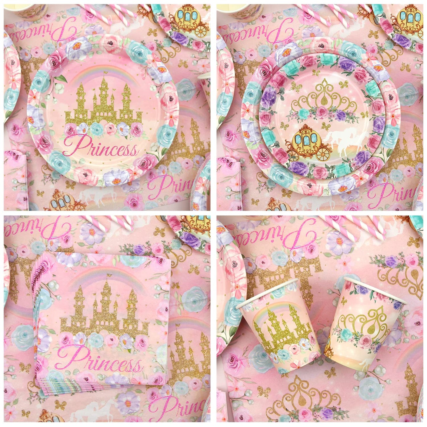 Princess Birthday Party Supplies, Includes Banner, Plates, Tulle, Napkins, Cake Toppers, Crowns, Wands, Balloons, Tablecloths, for Girls Princess's Themed Baby Shower Decorations, Serve 20 (Style A)