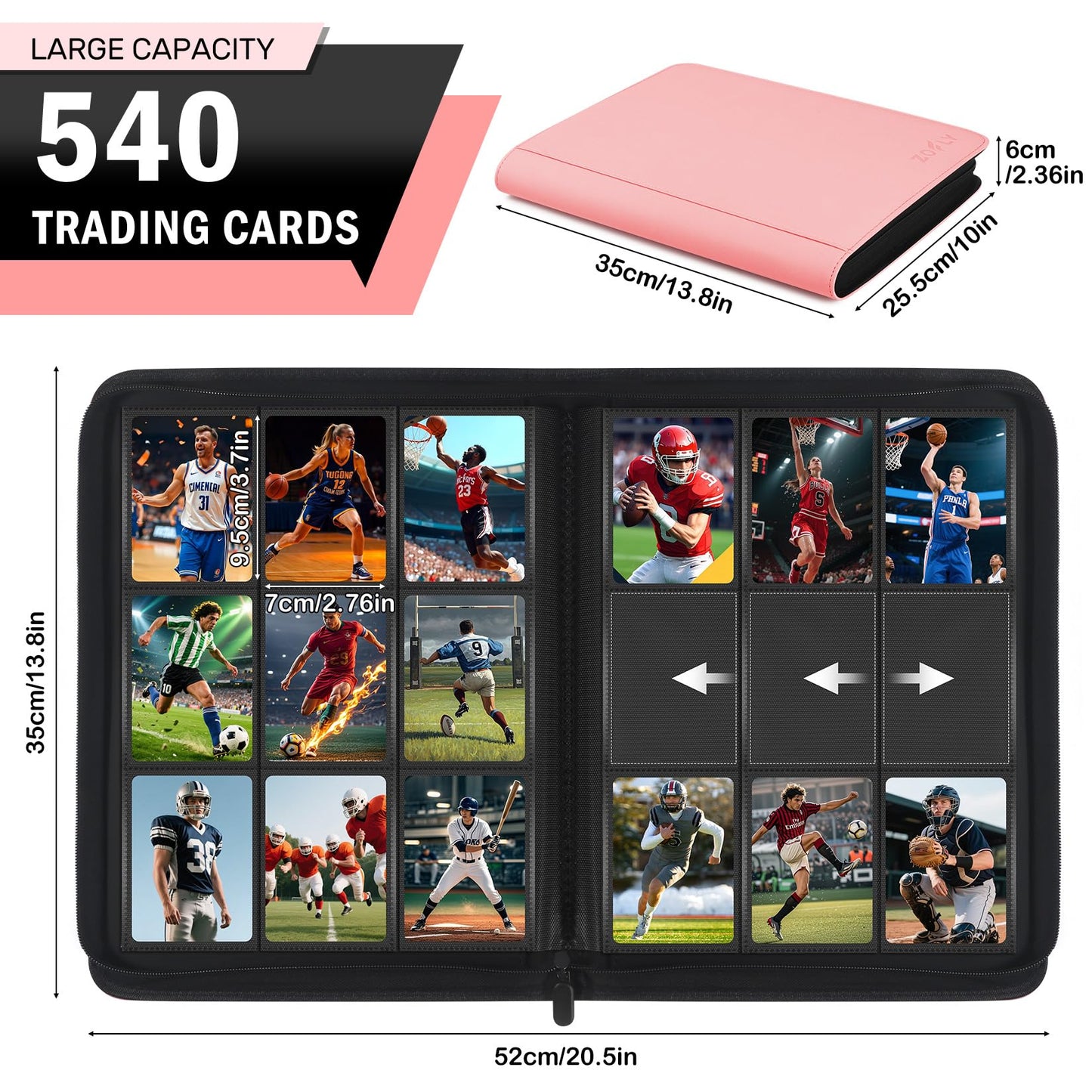 30 Pack 9 Pocket Card Binder, Premium Zip Trading Card Binder, 540 Large Capacity Side-Loading Card Storage Album, PU Card Collection Binder for Gifts, TCG, MTG, Baseball Football Sport Cards, Pink