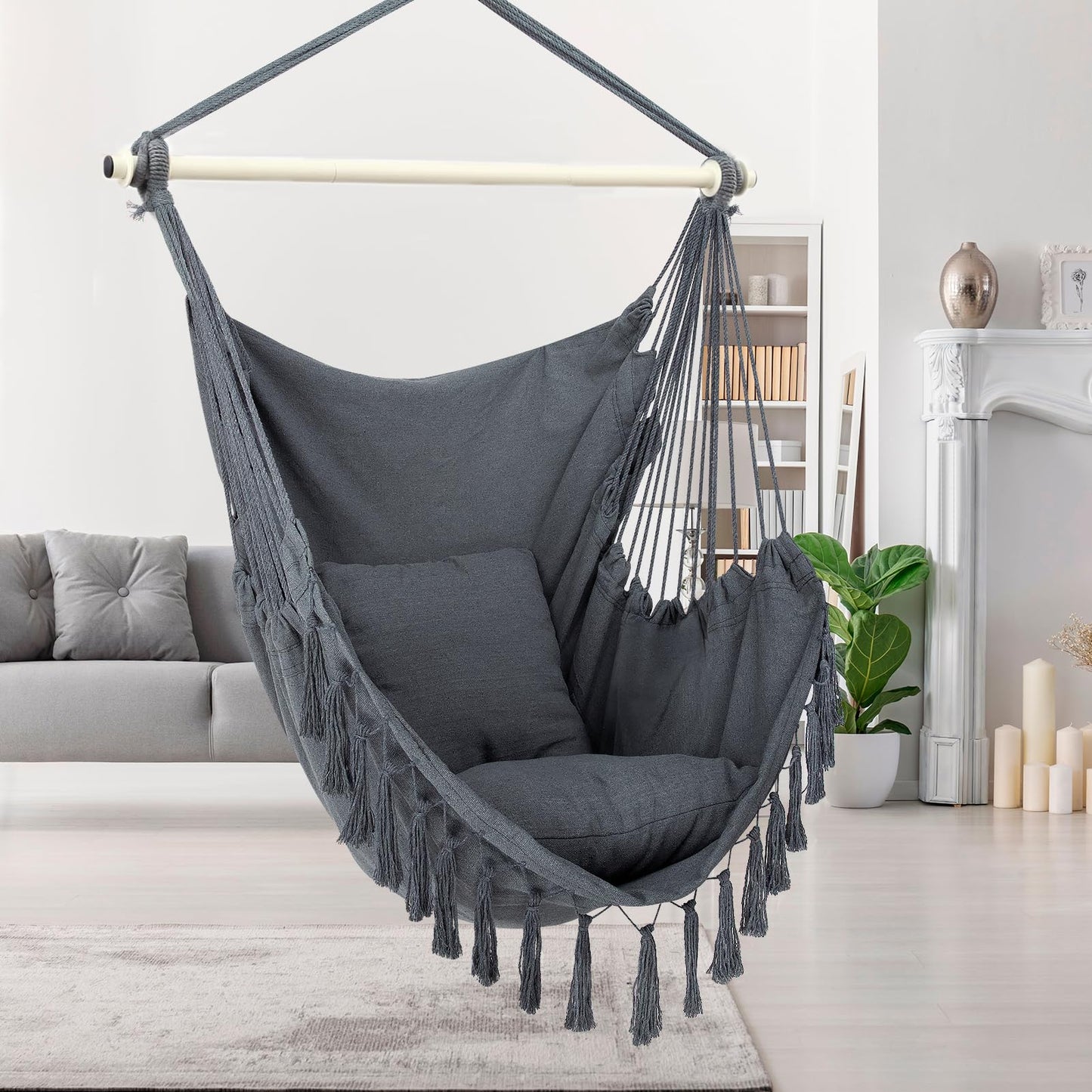 WBHome Extra Large Hammock Chair Swing with Hardware Kit, Hanging Macrame Chair Cotton Canvas, Include Carry Bag & Two Soft Seat Cushions, for Bedroom Indoor Outdoor, Max. Weight 330 Lbs (Grey)