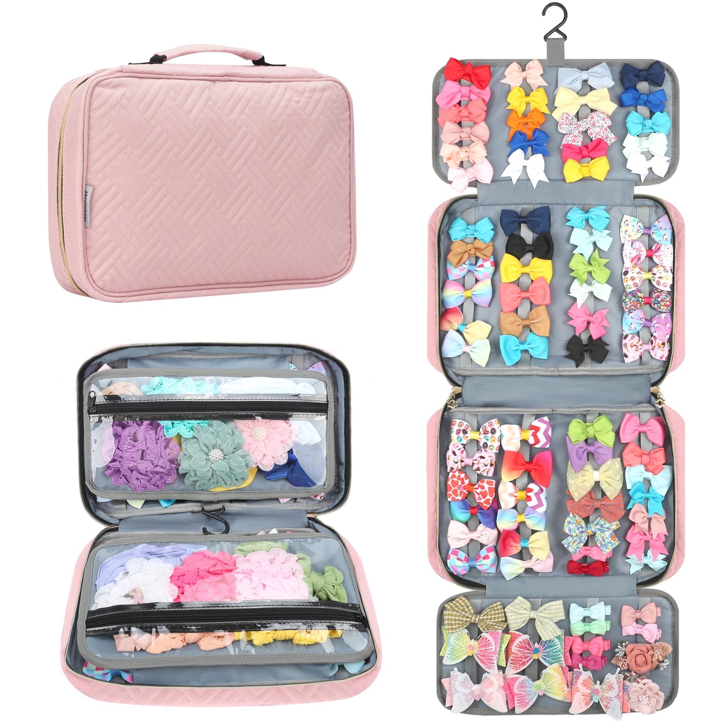 MICOM Hanging Hair Accessories Storage Bag for Girls, Hair Bow Organizer, Hair Accessories Storage Carrying Case for Display Hair Clips, Headbands, Scrunchies, Hair Ties Holder with Hook (Pink)