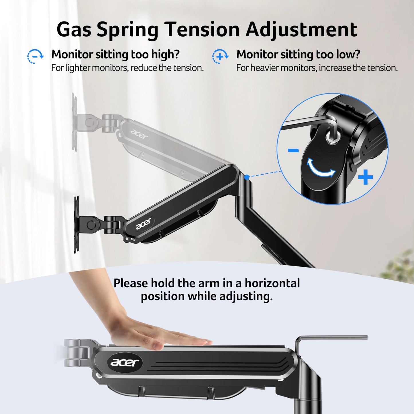 Acer Single Monitor Arm, 17 to 34 Inch Gas Spring Monitor Stand, Adjustable Desk Mount with VESA 75/100mm, C-Clamp/Grommet Base for 4.4 to 19.8lbs LCD Monitor