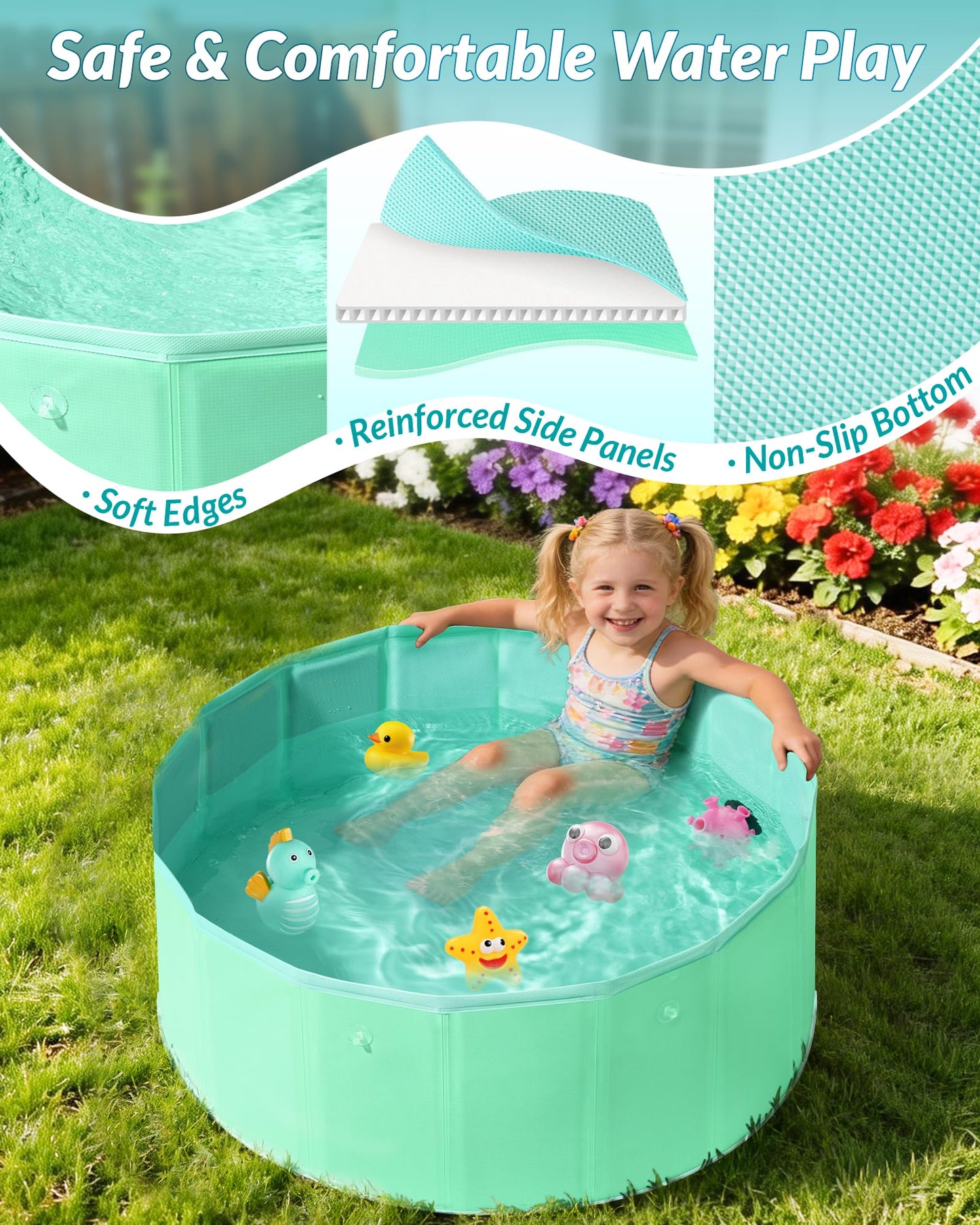Hikiddy Foldable Kiddie Pool with Canopy: 31.5in Baby Pool (Blue&Mint, 31.5in)