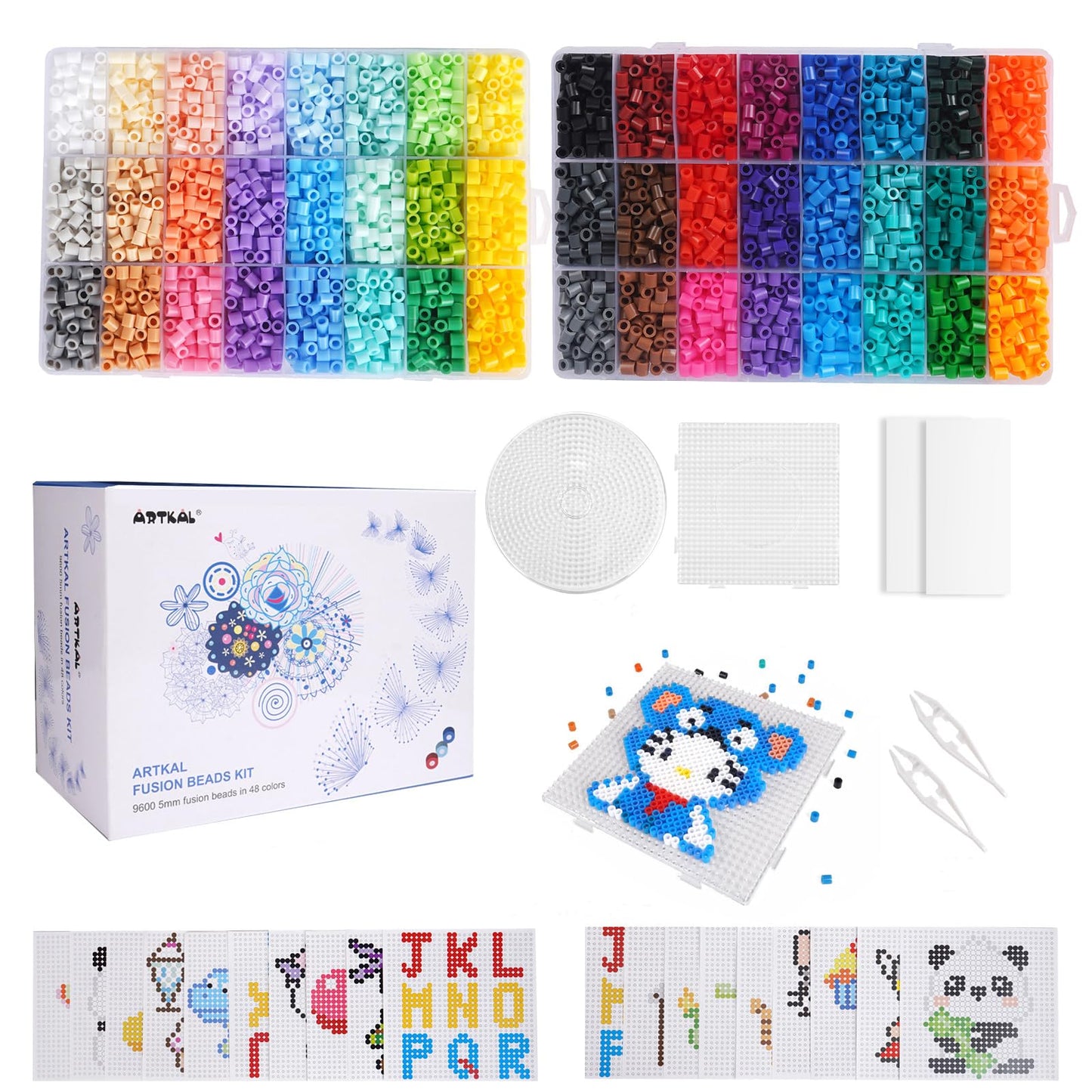 Artkal Fuse Beads Kit 9600 Pieces 5mm Melty Beads Kit, with 100 Patterns 4 Pegboards 2 Tweezers 2 Ironing Paper, Compatible Perler and Hama Beads