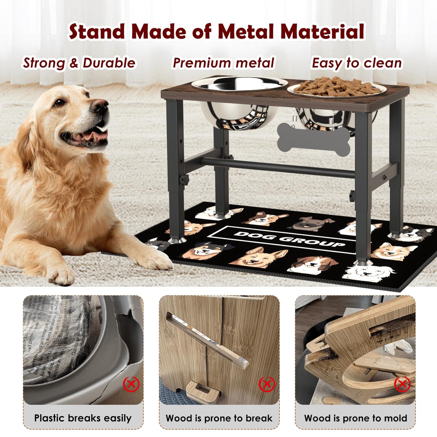 SHAINFUN Elevated Dog Bowls with Slow Feeder & Mat for Medium and Large Dogs, 16" Tall Adjustable Wooden & Metal Raised Dog Bowl Stand, 2 Stainless Steel 58oz Bowls for Food & Water