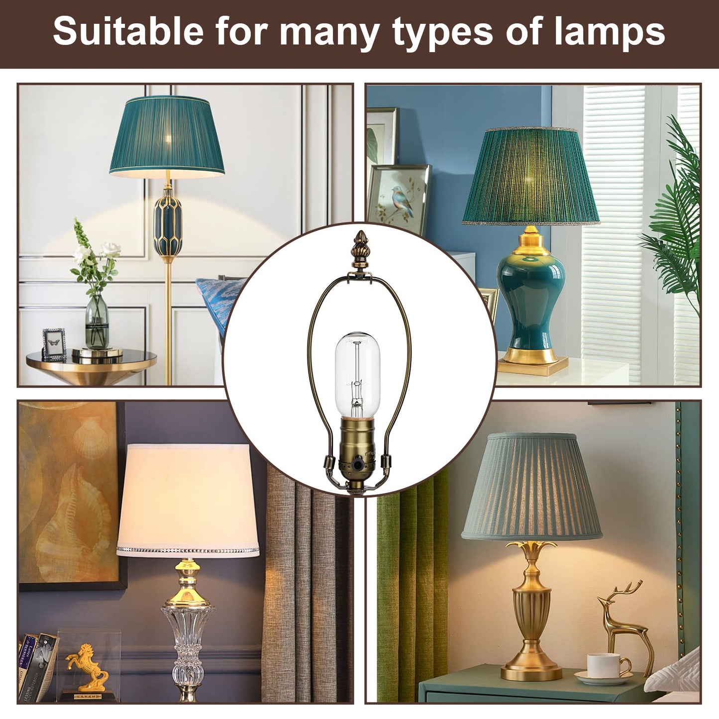 WEAVERBIRD Lamp Light Kit, Antique Brass Finish Table Lamp Wiring Kit with 8 Inch Harp, 3-Way Socket 2 Pieces 12" Lamp Pipe, Make-A-Lamp Kit Complete Lamp Kit for DIY Lamp Design or Repair