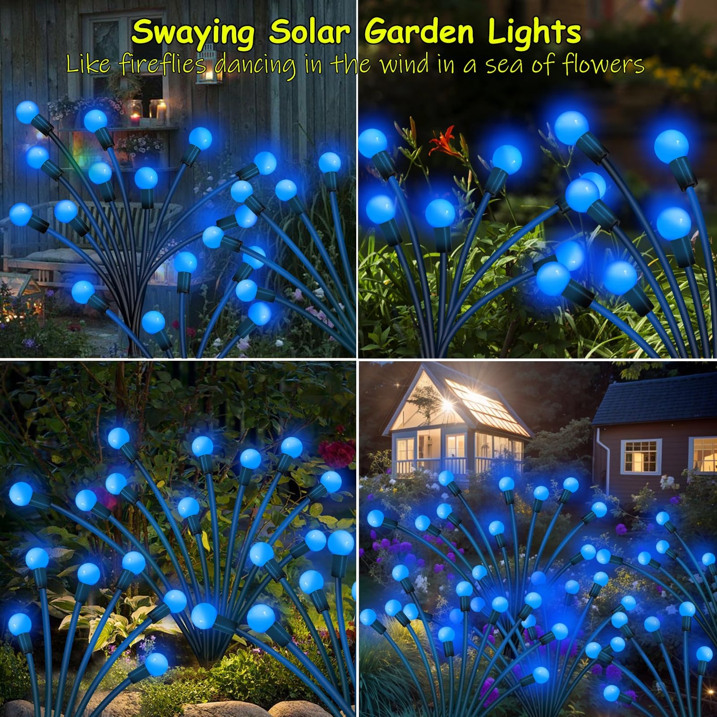 Solar Garden Lights Outdoor, 4 Pack 32 LED Solar Blue Firefly Lights Waterproof, Sway by Wind, Swaying Light for Yard Patio Backyard Garden Planter Flower Bed Pathway Outdoor Decoration