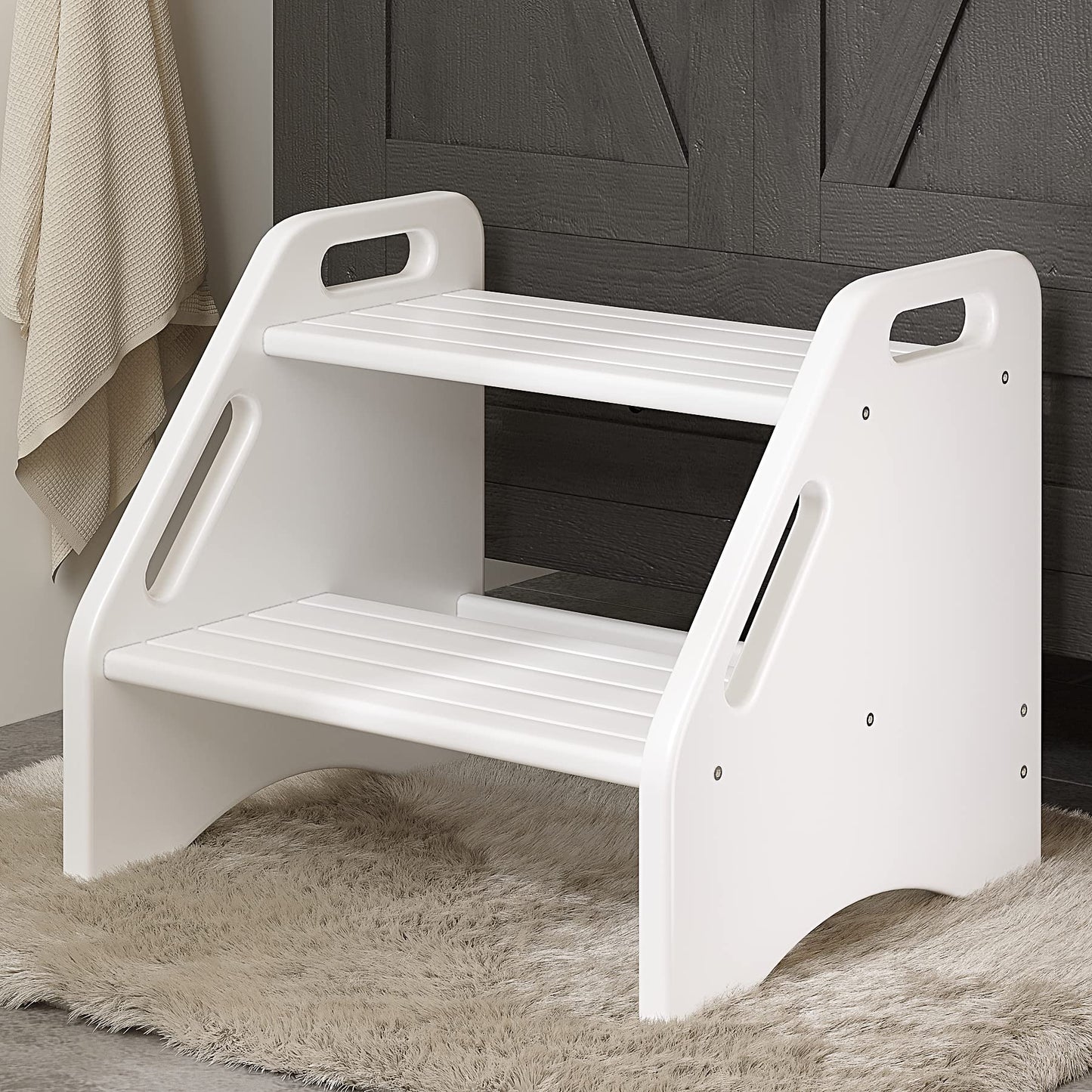 AMBIRD Wooden Step Stool Two Step Stool with Non Slip Safety Pads and Handles, Bamboo Step Stool for Bathroom Bedroom Kitchen Double Step Stool