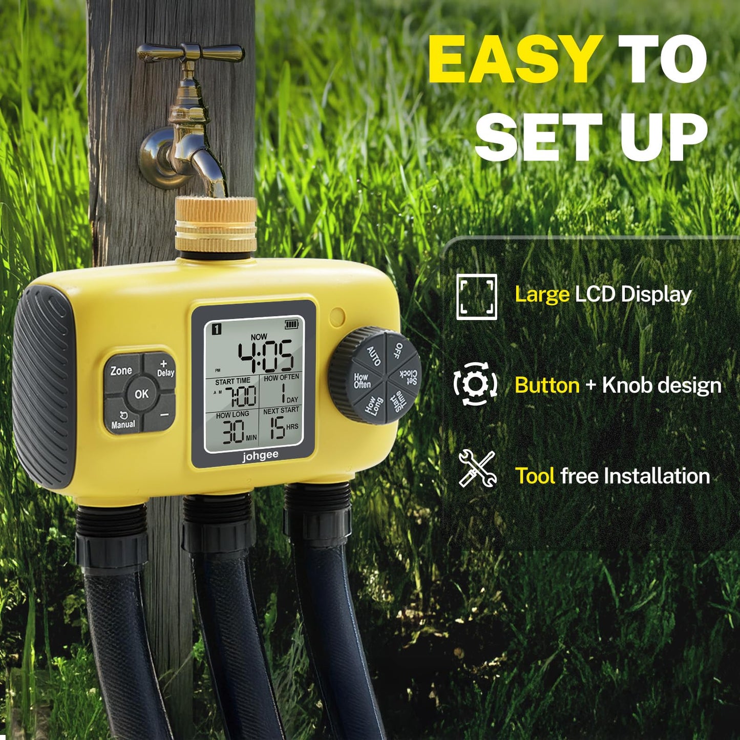 Johgee 3 Zones Water Timer Brass Inlet, Sprinkler Timer Programmable Garden Hose Timer with Rain Delay/Manual/Automatic Watering System,Waterproof Digital Irrigation Timer System for Lawns Pool