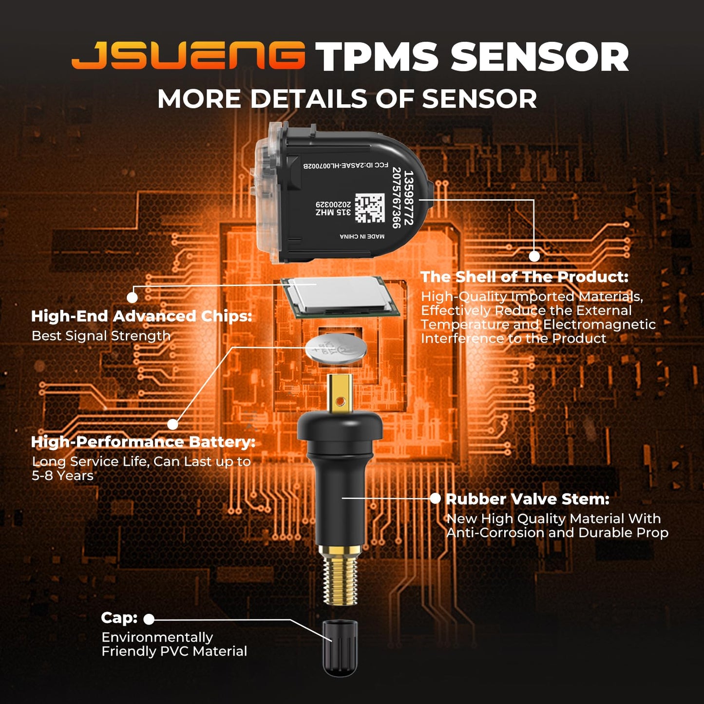 13598772 TPMS Sensor, GM Tire Pressure Monitoring System Sensor for Chevy Silverado Buick Cadillac GMC Hummer Saturn SAAB, 315mhz Replaces 13586335 13598771 13581558 Set of 4