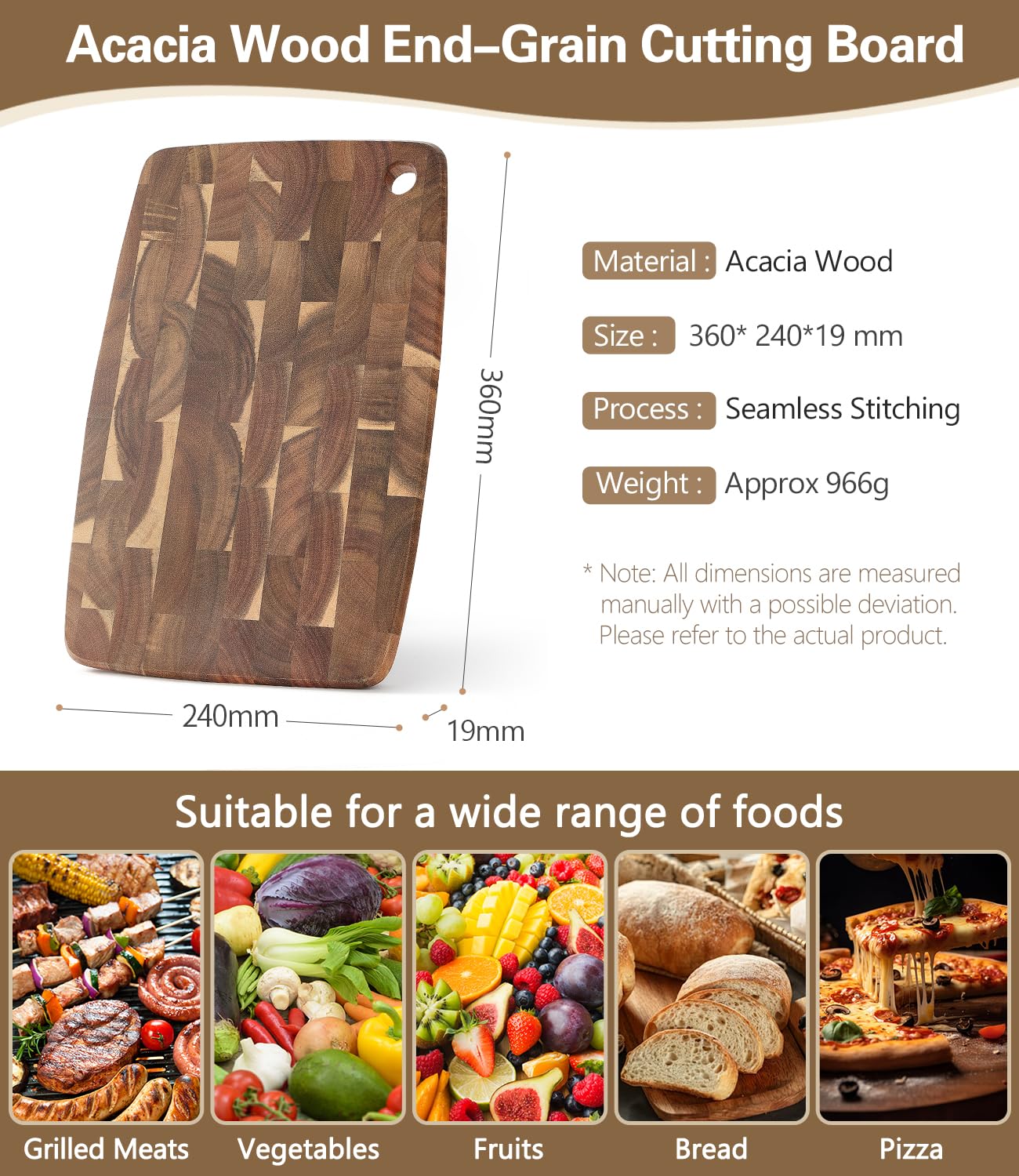 XINZUO Small Acacia Wood Dark Kitchen Cutting Board for Meat, Vegetables and Cheese, Double-Sided, with Hanging Hole,14.1 x 9.4 inch Kitchen Chopping Serving Board for Countertop