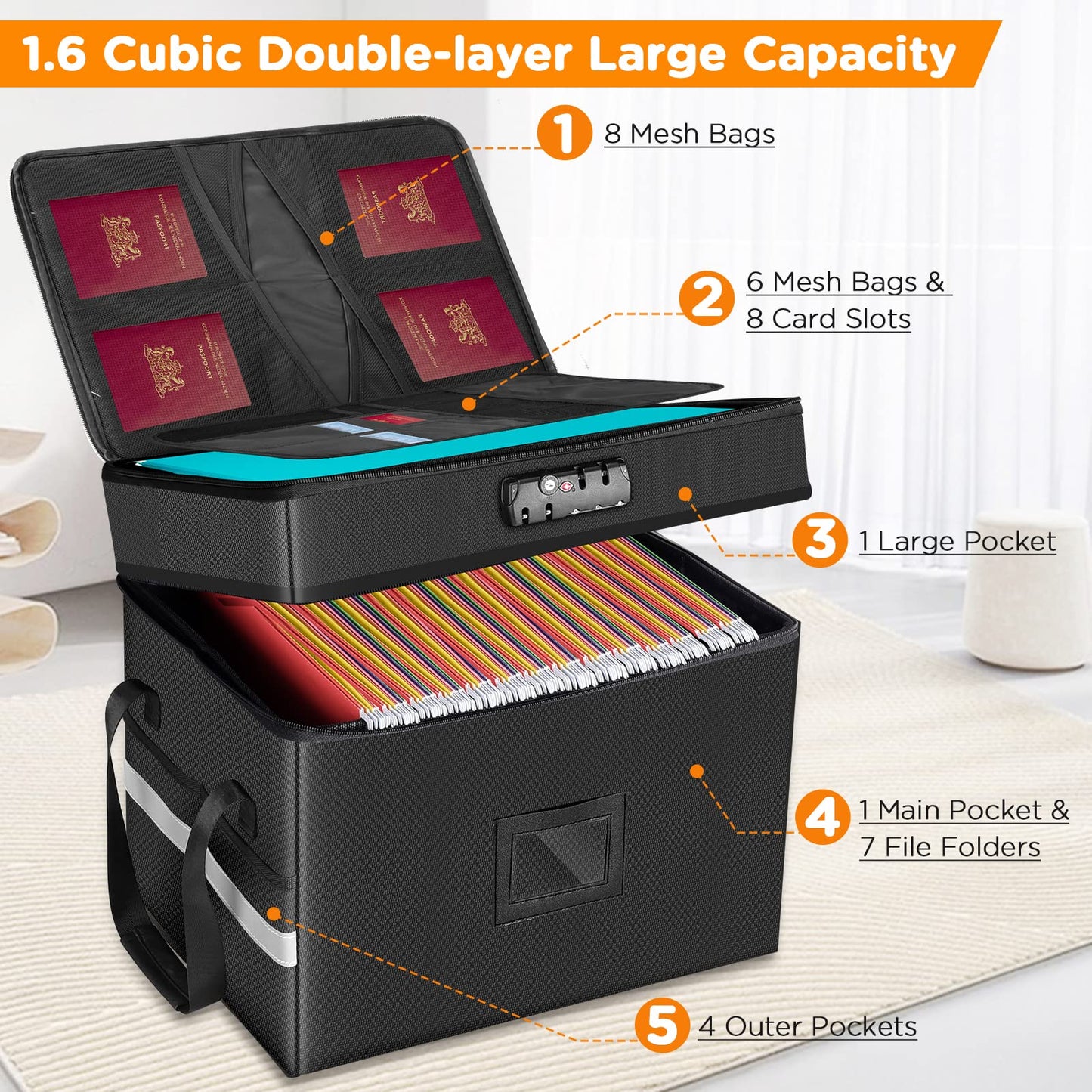 1.6 cu ft Fireproof Filing Cabinet(2012℉) with Double Lock, 2 Layer Portable File Organizer Box with 5 Pockets File Folder & Handle, Collapsible Document Organizer for Hanging Letter/Legal Folder