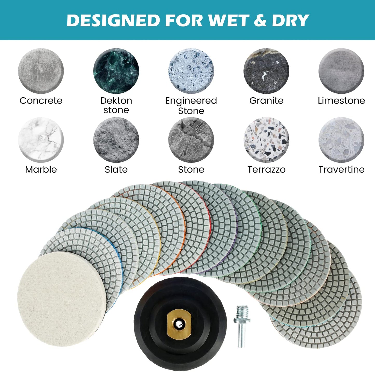 Abizarch 15Pcs 4 Inch Diamond Polishing Pads with Backer Pad, Wet/Dry 50-8000 Grit Polish Pad Kit for Drill Grinder Polisher Concrete Granite Marble Quartz Countertop Stone Rock