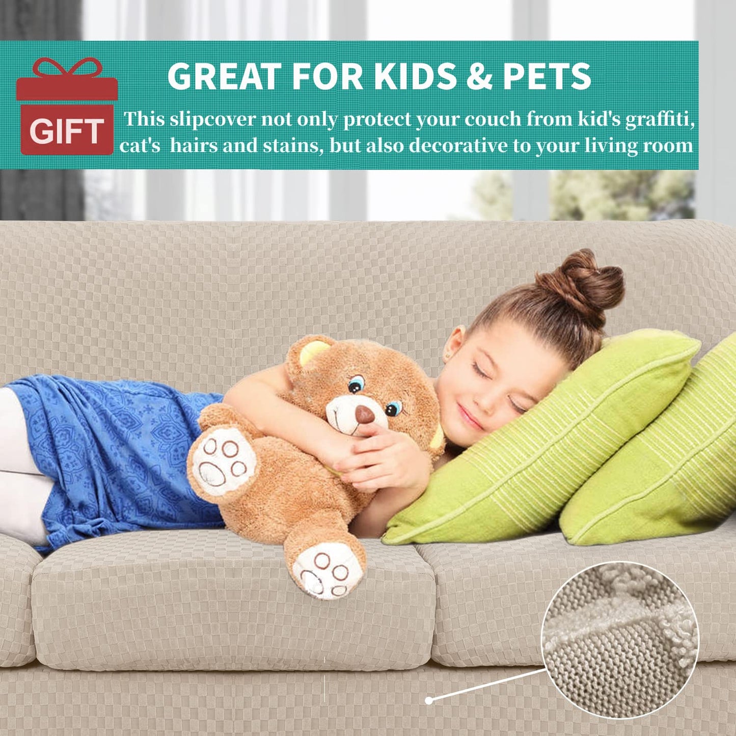 YEMYHOM Latest Checkered 4 Pieces Couch Covers for 3 Cushion Couch High Stretch Thickened Sofa Cover for Dogs Pets Anti Slip Elastic Slipcovers Living Room Furniture Protector (Sofa, Khaki)