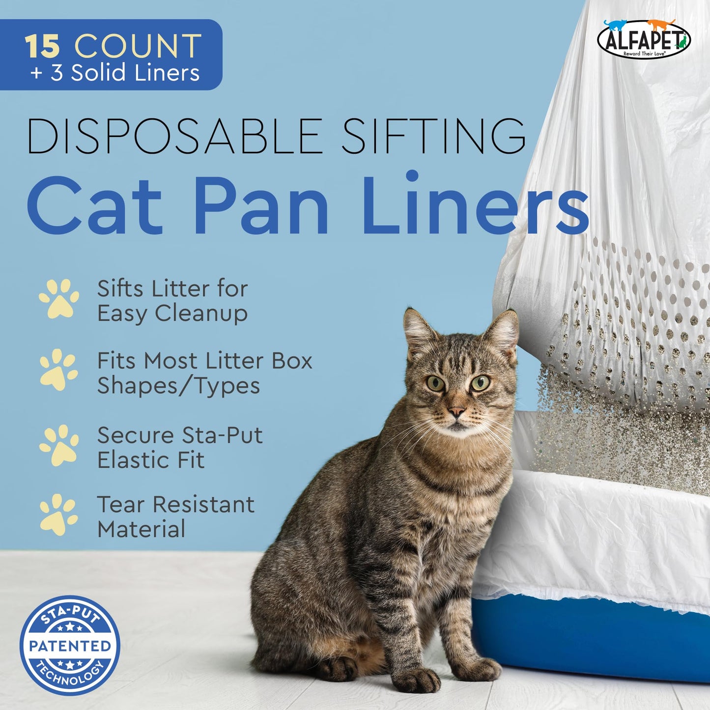 Alfapet Kitty Cat Sta-Put Elastic Sifting Litter Box Liners Jumbo Size 5 Count (3-Pack/Boxes)