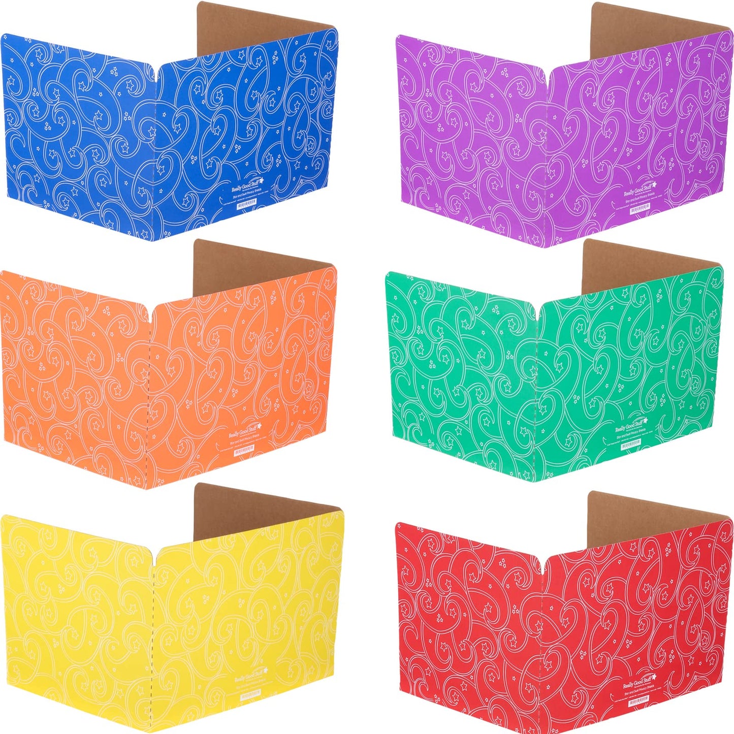 Really Good Stuff Privacy Shields - Set of 12 - Classic Red, Blue, Green, Yellow, Orange & Purple - Stars & Swirls Pattern - Classroom Privacy Dividers