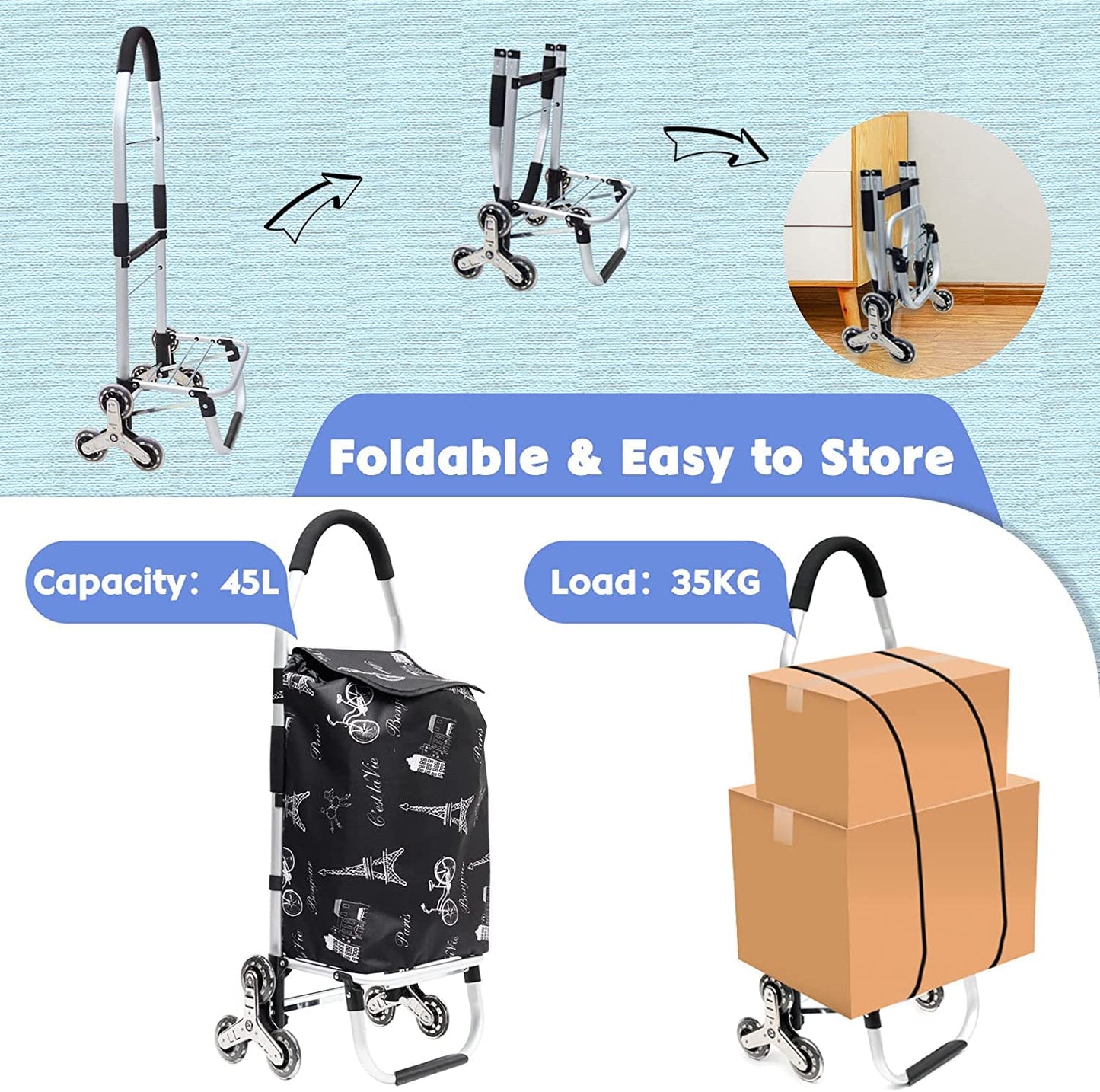 Folding Shopping Trolley Grocery Cart with Removable Waterproof Canvas Bag and Stair Climbing Wheels Super Loading Portable Utility Cart