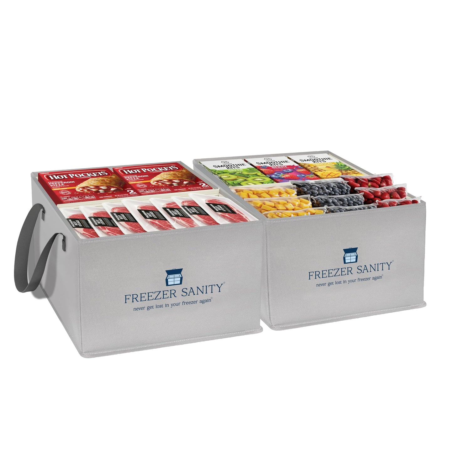 FREEZER SANITY Collapsible Freezer Organizer Bins - Stackable Storage Organizers with Custom Dividers, Handles, Ideal for Chest Freezers, Heavy-Duty, Water-Resistant (2 Pack Regular 15x14x9)