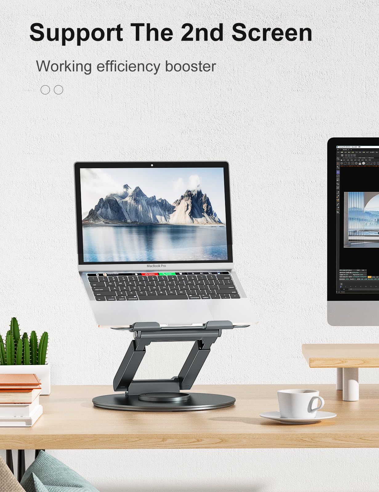 Tounee Telescopic Laptop Stand for Desk with 360° Swivel Base, Sit to Stand, Height Adjustable, Portable Riser Holder for Good Posture, Compatible with MacBook Pro, All Laptops 10-17"-Gray