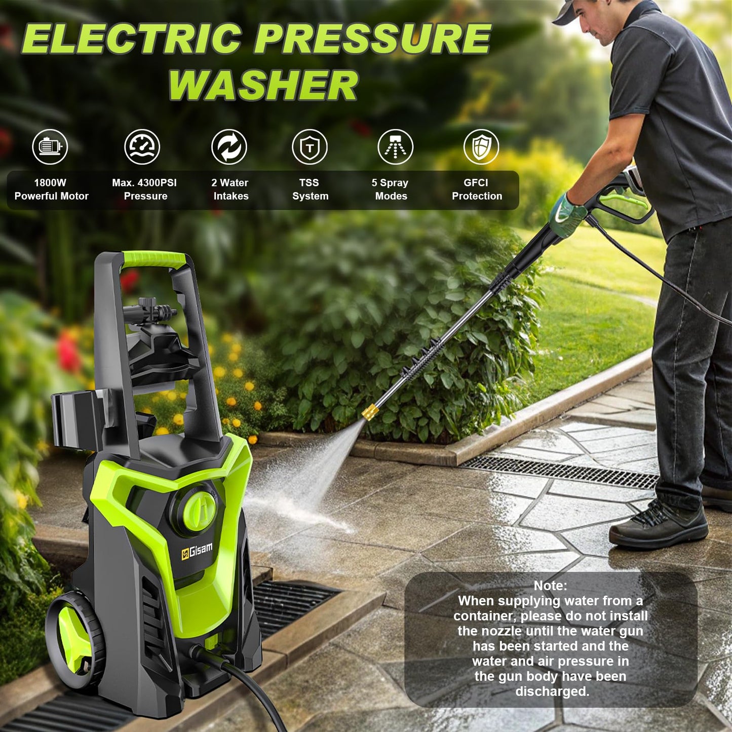 4300PSI Electric Pressure Washer, 2.5GPM High-Flow Power Washers with 4 Metal Nozzles & Foam Cannon, 26 FT Explosion-Proof Hose for Cars Home Driveways Boat Cleaning