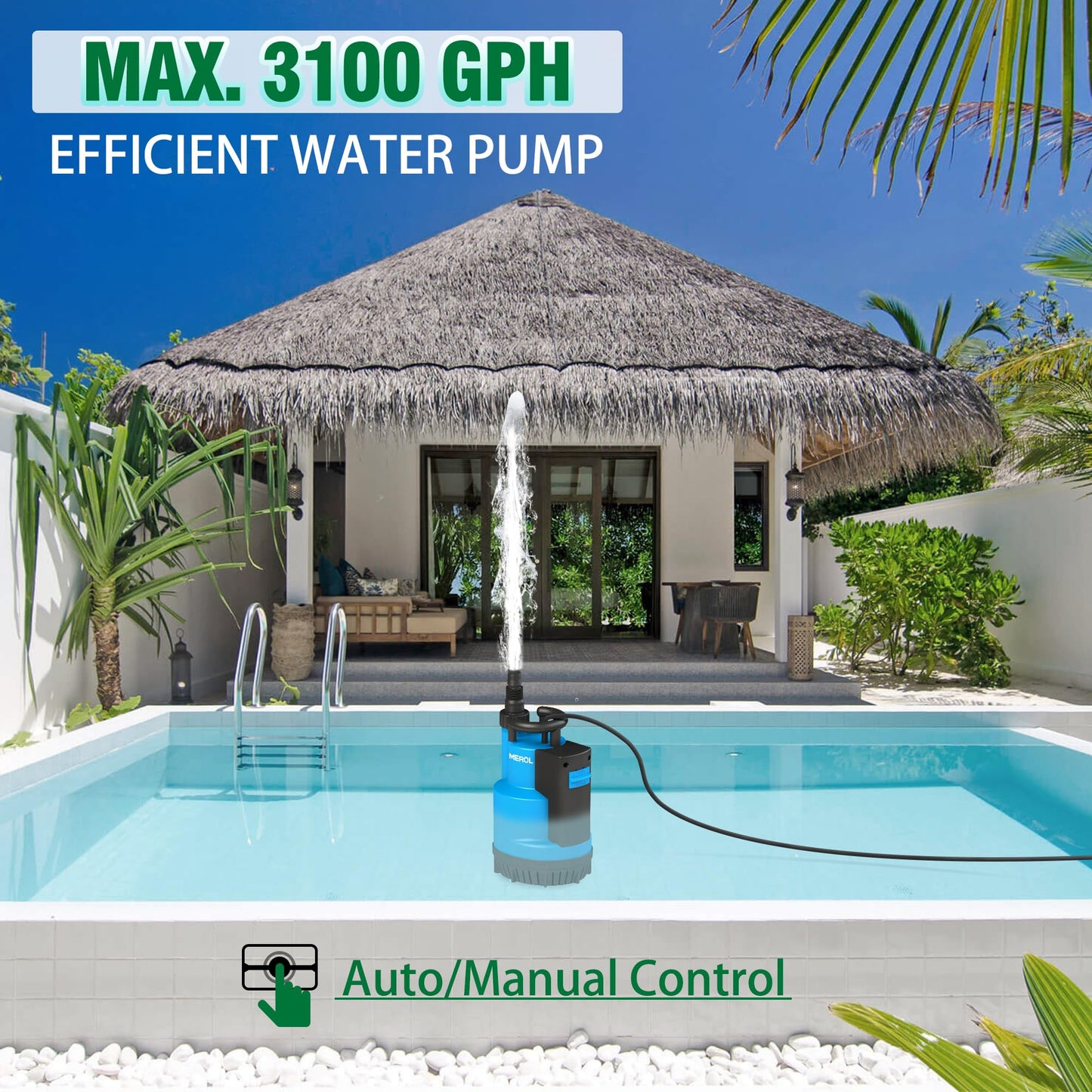 MEROL Submersible Water Pump 3/4HP 3100GPH Utility Pump, Auto/Manual Control by Integrated Float Switch, with 16.4 Ft Cord for Pool Basement Garden Pond Draining