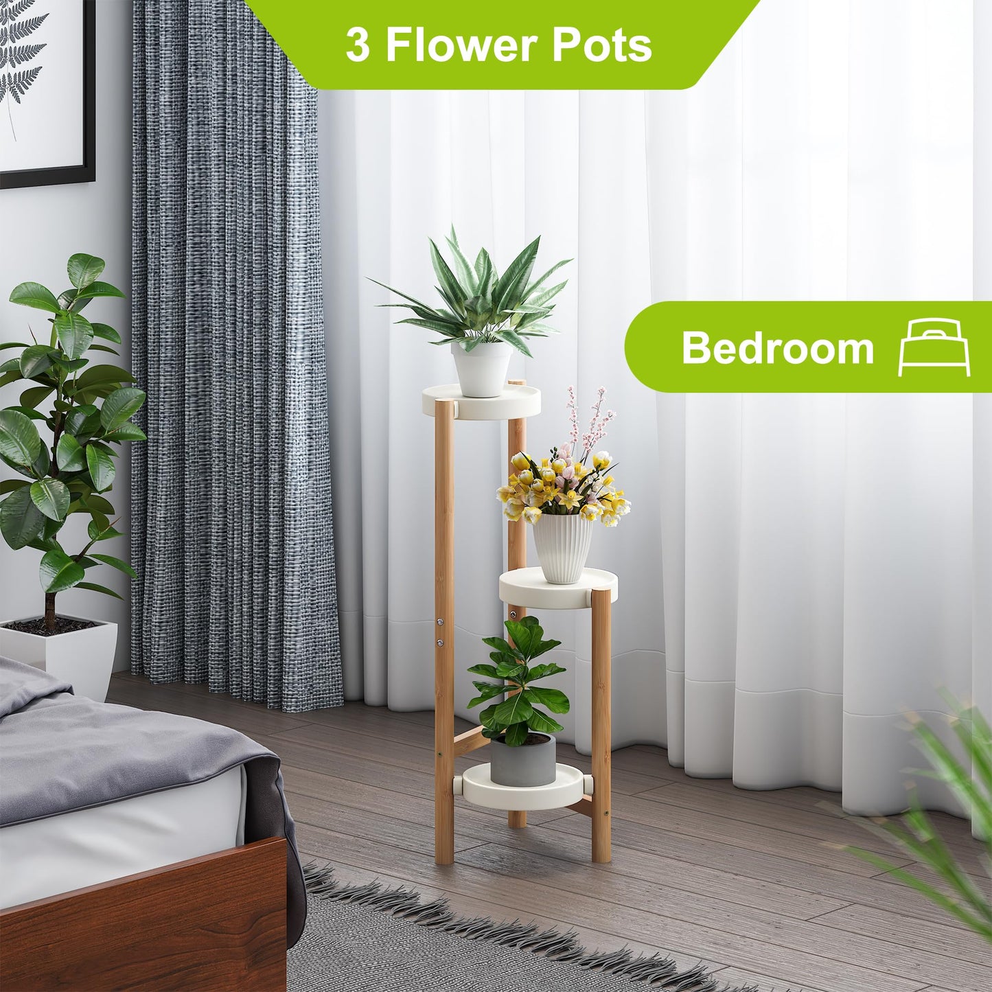 BMOSU Plant Stand Bamboo 3 Potted Holder Shelf Plant Rack For Indoor Outdoor Plants Corner Plant Shelf Flower Stands Plant Shelf Potted Plant Display Rack For Living Room Balcony Bedroom (White)