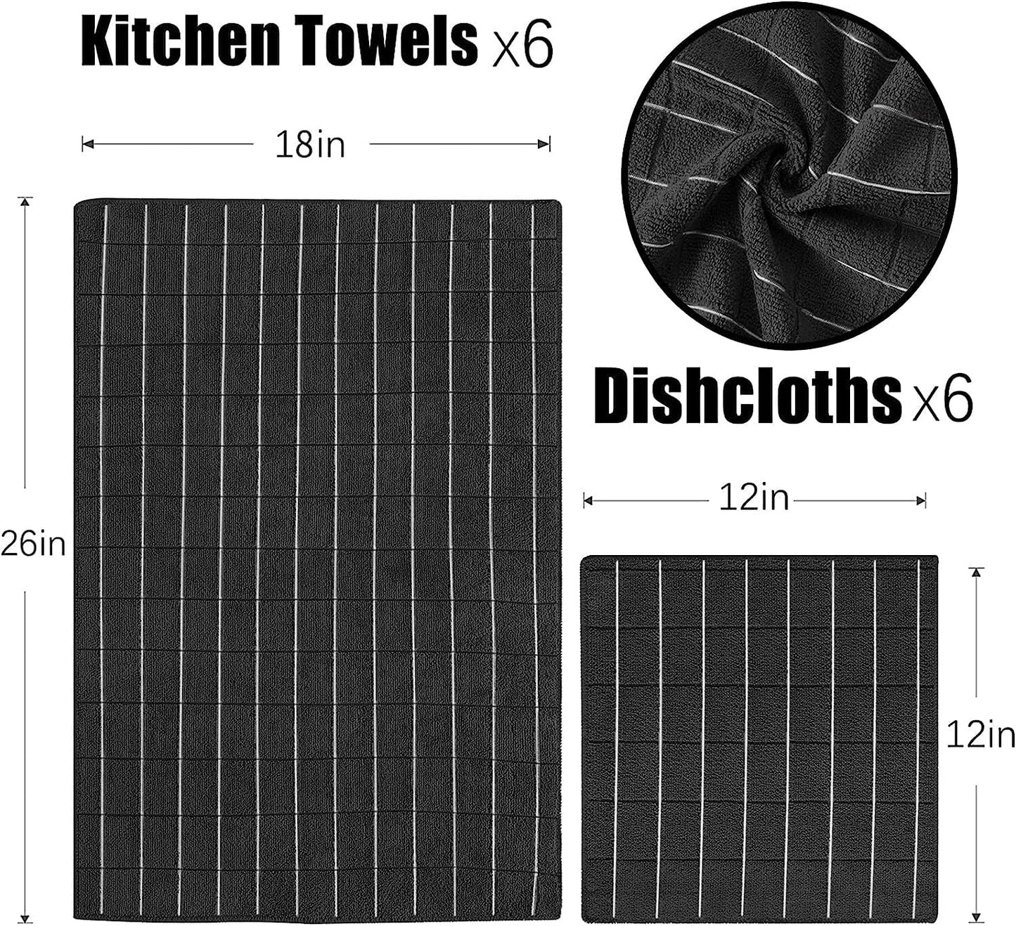 Puomue Microfiber Kitchen Towels and Dishcloths Set, 26 X 18 Inch and 12 X 12 Inch, Set of 12 Bulk Lint Free Dish Towels for Drying Dishes, Black