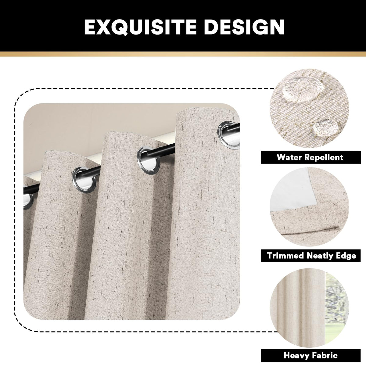 PrinceDeco 100% Blackout Linen Textured Curtains for Bedroom Natural Grommet Room Darkening Curtains & Drapes for Living Room Thermal Insulated with White Liner,2 Panel Sets, 52x96 Inch