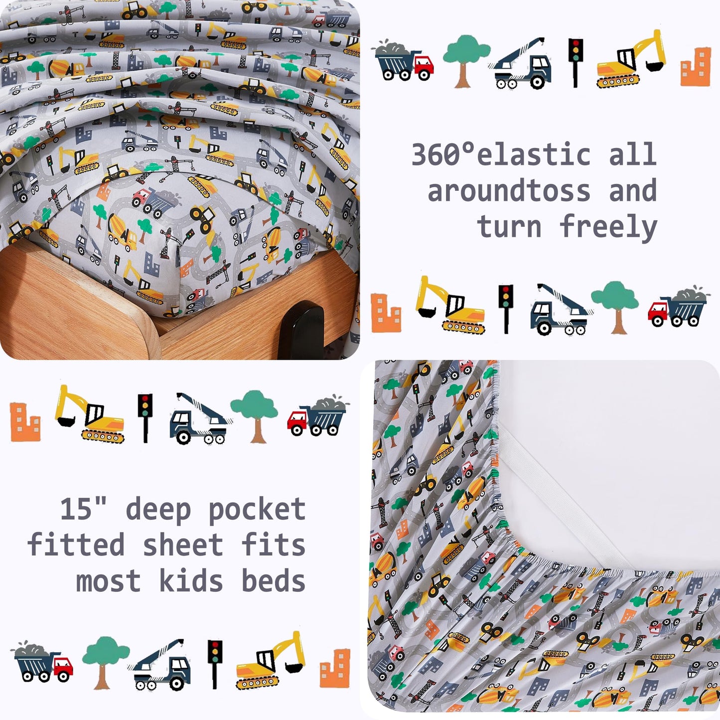 Softan Kids Bed Sheet Set, 4-Piece Full Size Sheets, Microfiber Fitted Sheet with 15 Inches Deep Pocket and Corner Straps, Breathable & Silky Soft Excavator Pattern Sheet and Pillowcase Sets