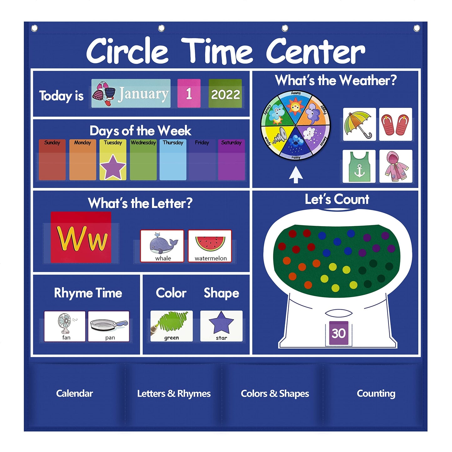 Auchq Circle Time Learning Center Pocket Chart, Heavy-Duty Kids Calendar for Classroom, Educational Pocket Chart Learning Calendar Weather Letter Counting Rhyme Color Shape, Great for Classroom and Homeschool (Blue).