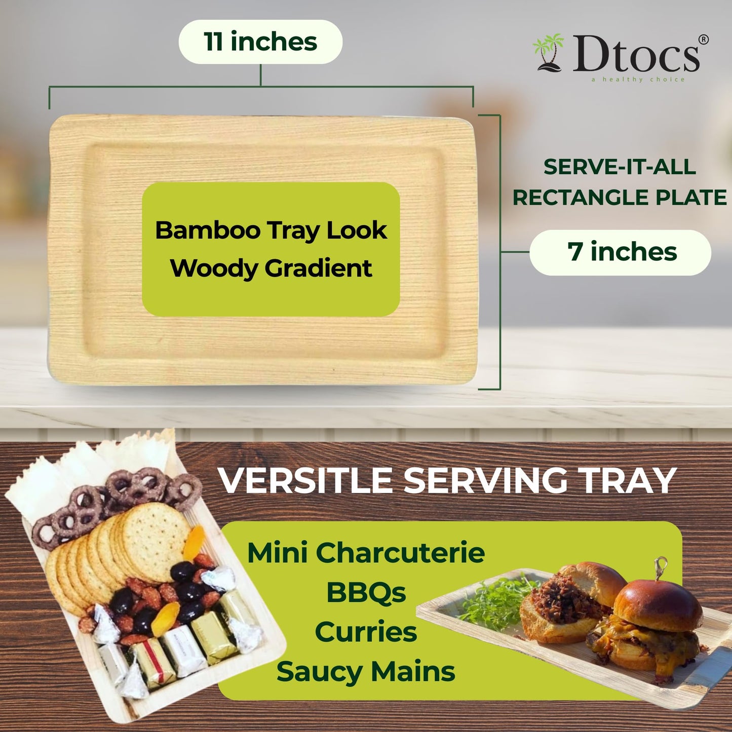 Dtocs Rectangle Disposable Plates 7x11 Inch (50) | Heavy Duty Palm Leaf Plates with Wood Serving Tray Look | Serving Trays, Charcuterie Boards, Appetizers | Alt to Rectangle Paper Plates