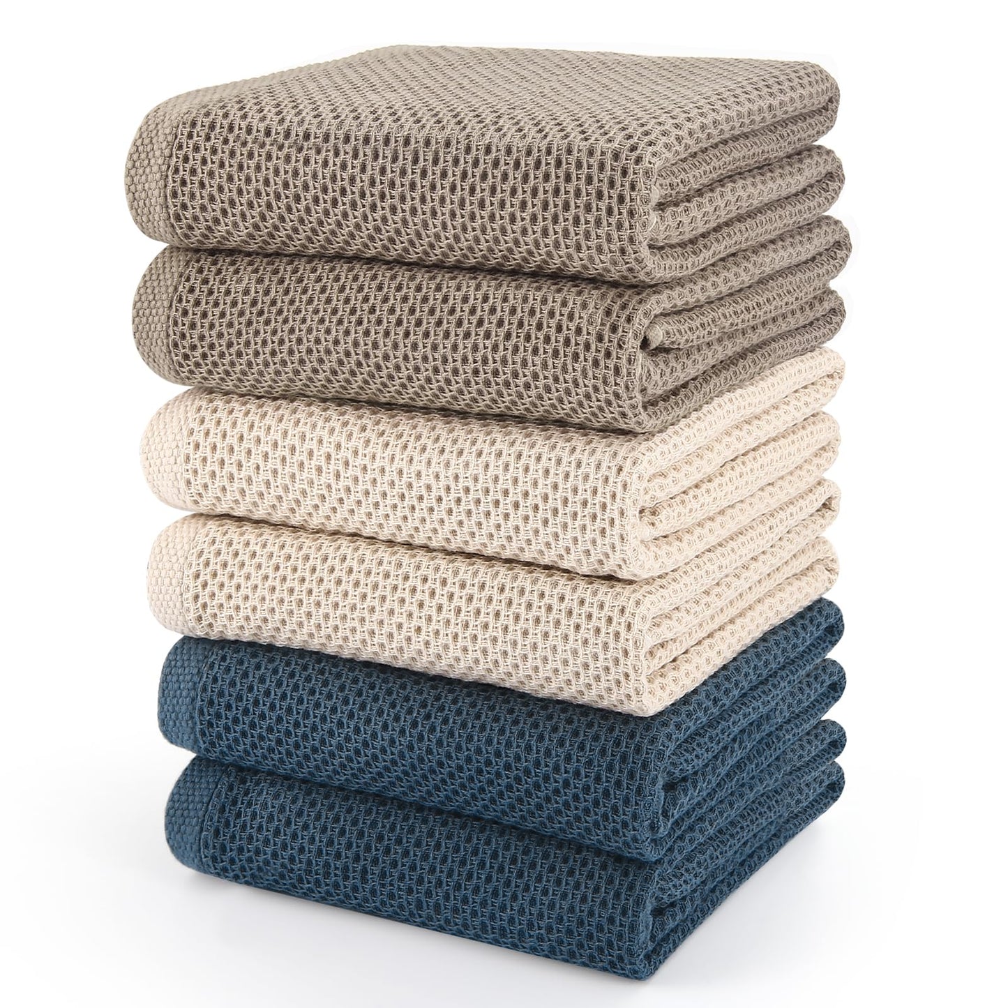 HOMYTOP Large Kitchen Hand Towels,6 Pack Cotton Waffle Weave Dish Towel for Drying, Cleaning Cloth for Kitchen Dishes - Extra Absorbent and Soft - 16 x 28 inch (Cream+Bluegray+Brown-6 Pack)