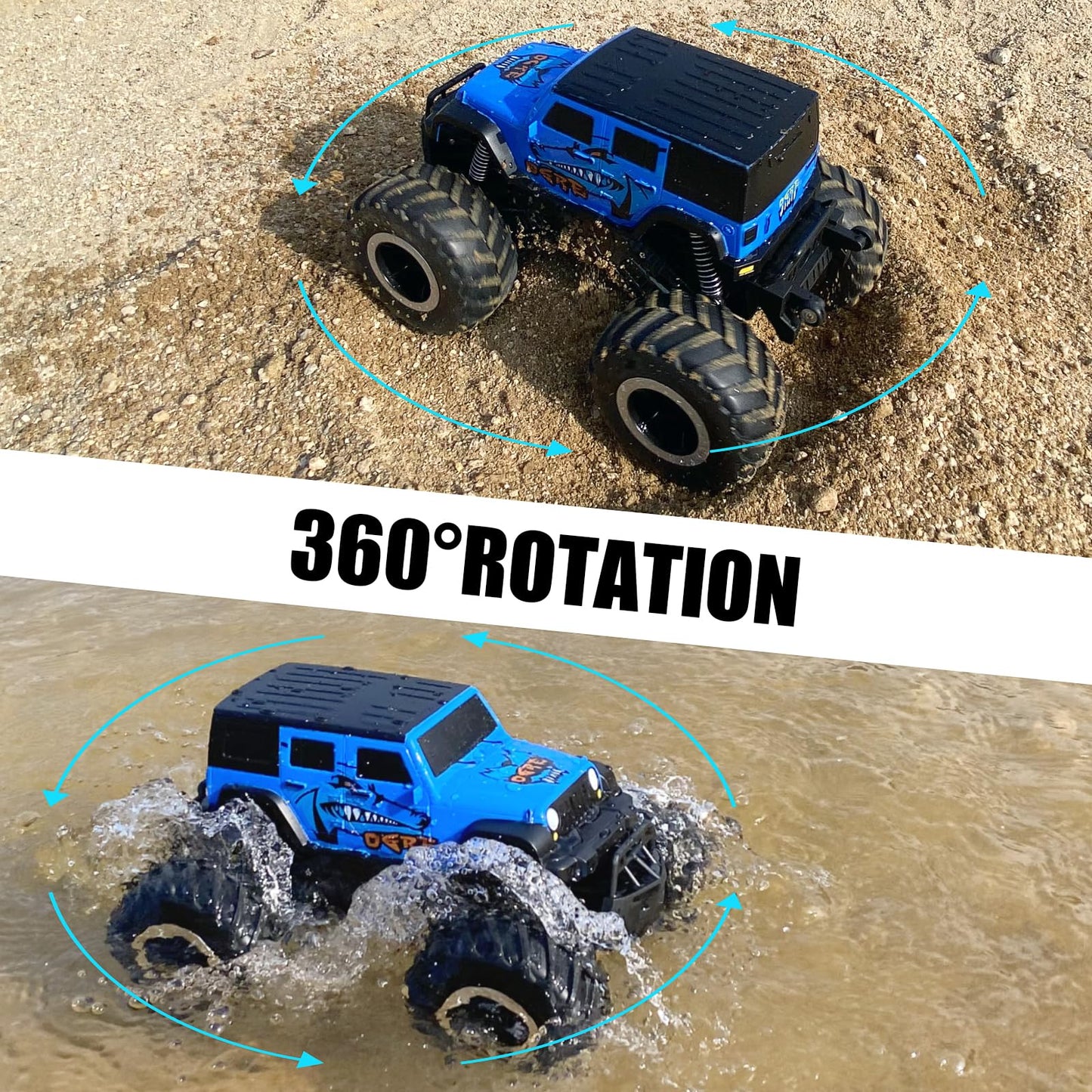ACAMMZAR 1:16 Amphibious RC Monster Truck, Remote Control Cars for Kids, IPX7 Waterproof 2.4GHz 4WD 360° Rotation, Double Sided RC Car for Boys Girls Gifts, Blue