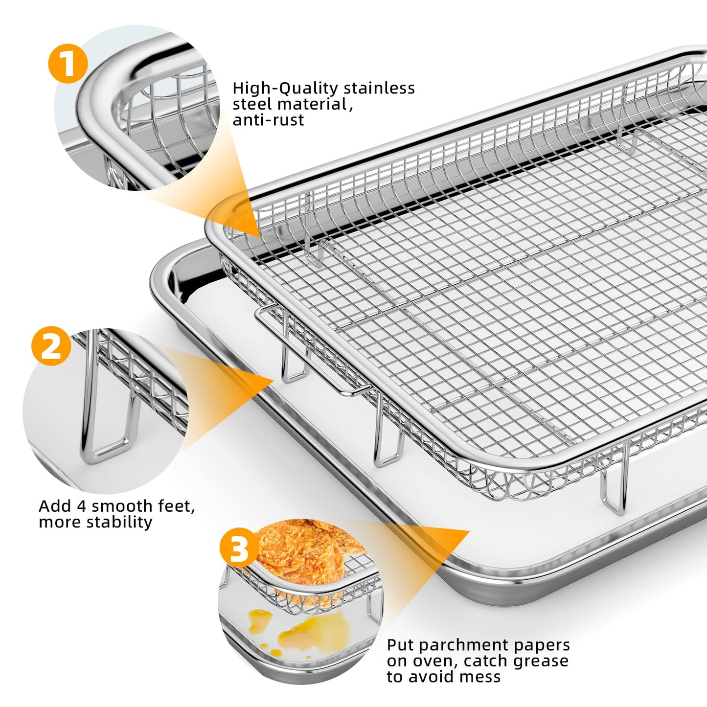 2 Set Air Fryer Basket for Oven, 15.6“ x 11.6“ and 12.8“ x 9.6“ Stainless Steel Air Fryer Tray with 60 PCS Parchment Paper,Air Fryer Pan with Crisper Tray for Baking Fries,Bacon,Chicken
