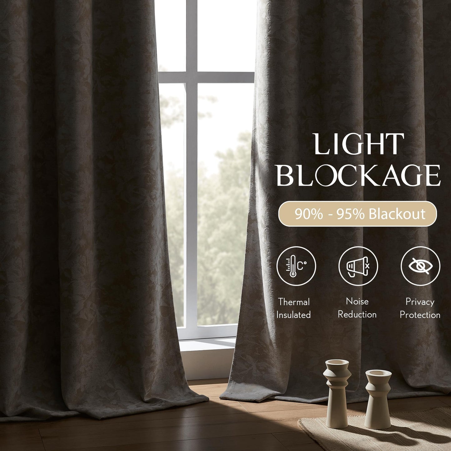 Beauoop Beige Floral Jacquard Blackout Curtains 96 Inches Long 2 Panels for Bedroom Living Room Taupe Flower Chenille Room Darkening Thermal Insulated Soundproof Grommet Window Treatments Drapes 52x96