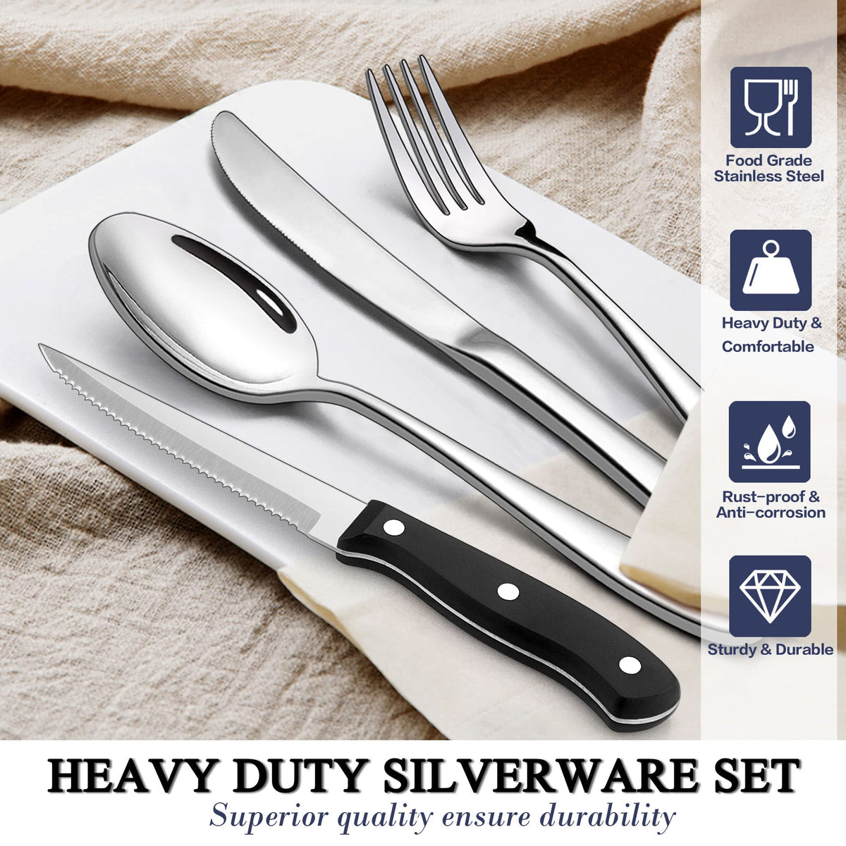 48-Piece Heavy Duty Silverware Set with Steak Knife for 8, LIANYU Stainless Steel Flatware Set, Fancy Thick Cutlery Eating Utensils Include Forks Knives Spoons, Mirror Finished, Dishwasher Safe