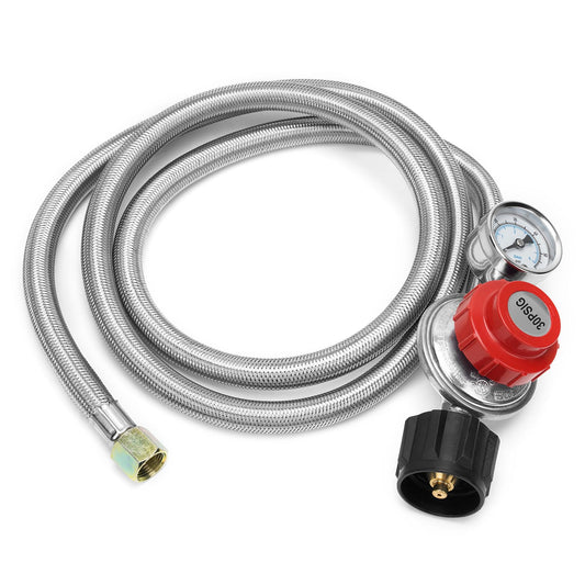 onlyfire 5Ft 0-30PSI Adjustable Propane Regulator Stainless Steel Braided Hose QCC/Type 1 Connection with Gauge for Grills, Burners, Heaters, Cookers, Fire Pits and More