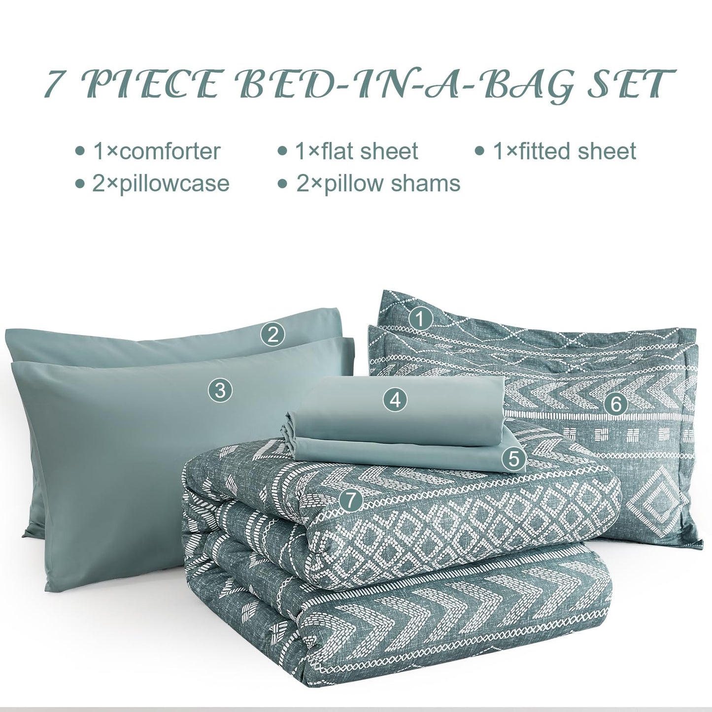Yiran Boho Aztec Comforter Set Queen Size, Grayish Blue Comforter Bedding Set, 7 Piece Bed in a Bag, Soft Microfiber Bohemian Striped Complete Bedding Set with Sheets for All Season