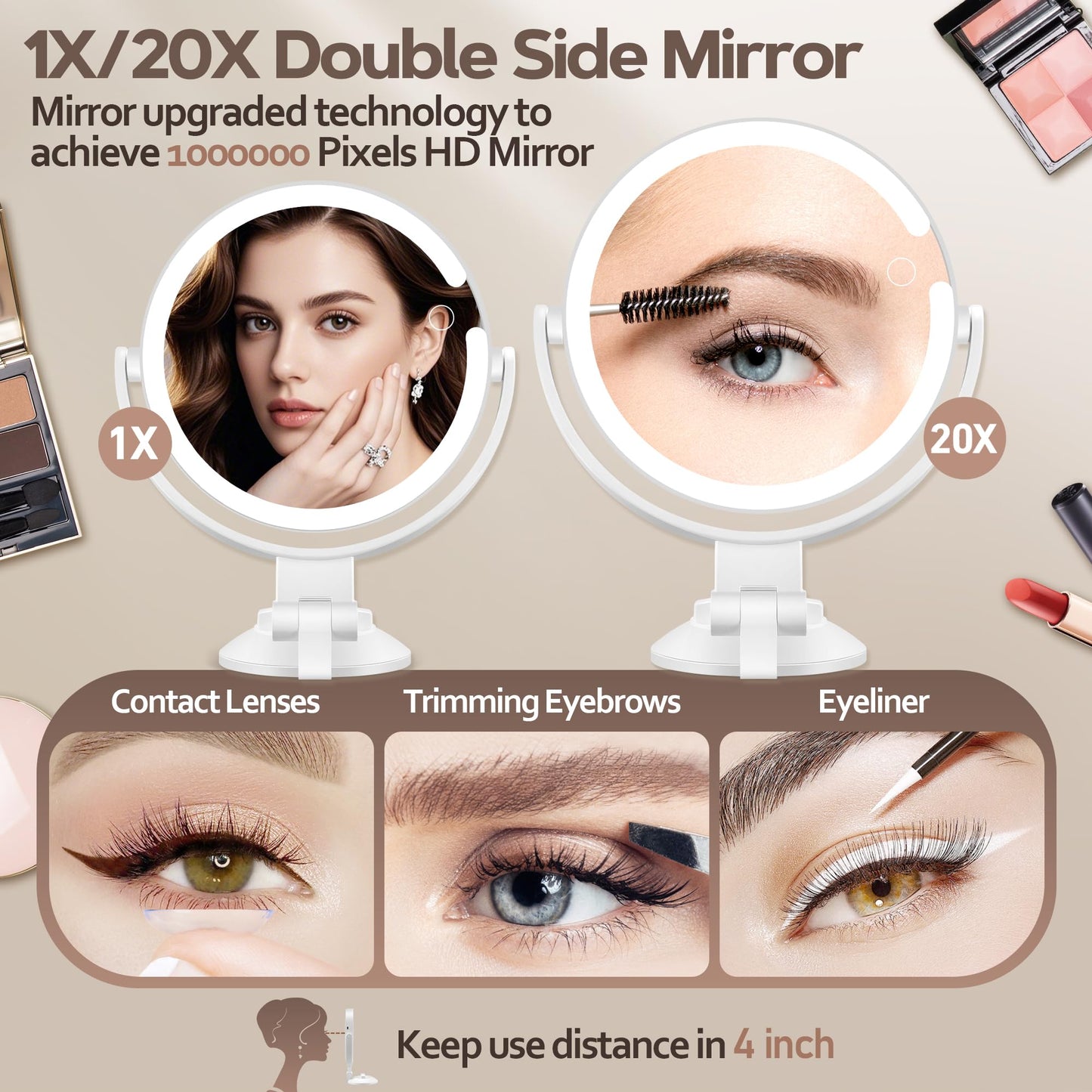 MOMOKUBA Magnifying Mirror with Light 30X, LED Bathroom Mirror with 3 Lighting Modes, 2-Sided 30x/1x Rotation Wall Mounted Makeup Mirrors, Rechargeable Mirrors with Lights and Suction Cup for Bathroom