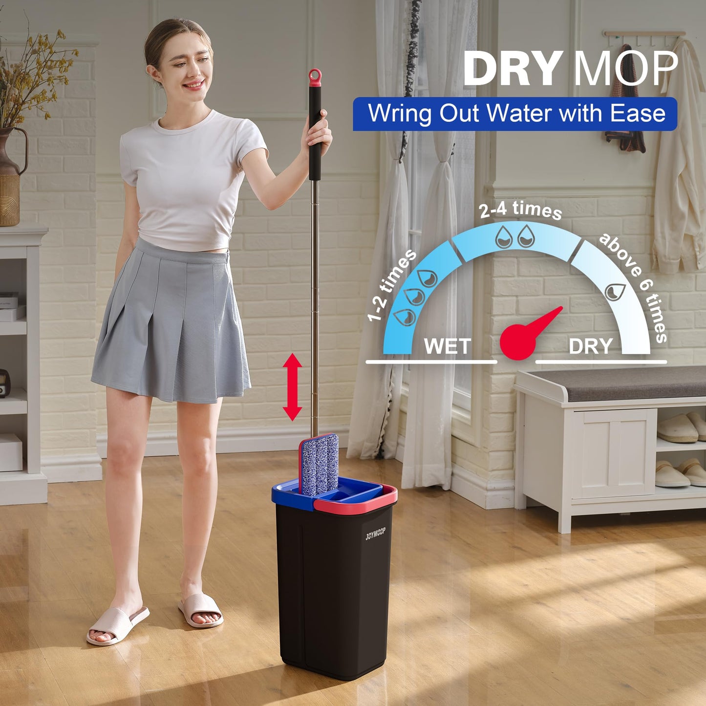 JOYMOOP Mop and Bucket Set for Home, Hands-Free Self-Cleaning System, with 3 Reusable Microfiber Mop Pads, Suitable for Floor Cleaning and Wall Cleaner - Black+Red+Slate Blue