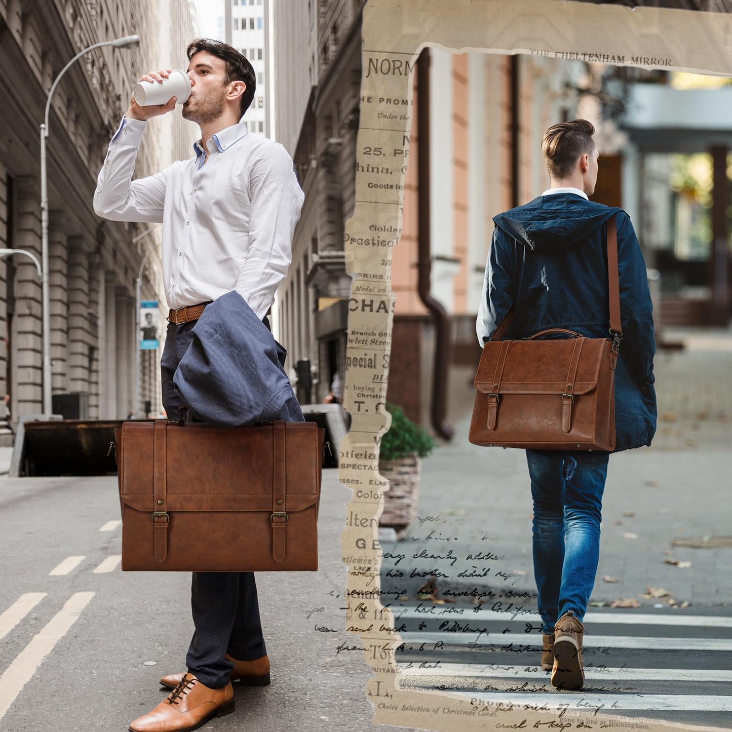 Messenger Bag for Men 18 Inch Waterproof Laptop Bag Vintage Leather Briefcase Large Computer Satchel Bag Retro Shoulder Bag for Office Business Travel College, Brown